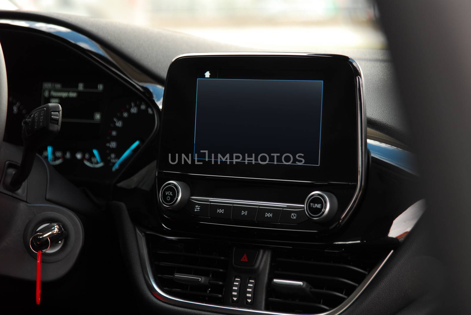 Modern car dashboard. Screen multimedia system. Interior detail