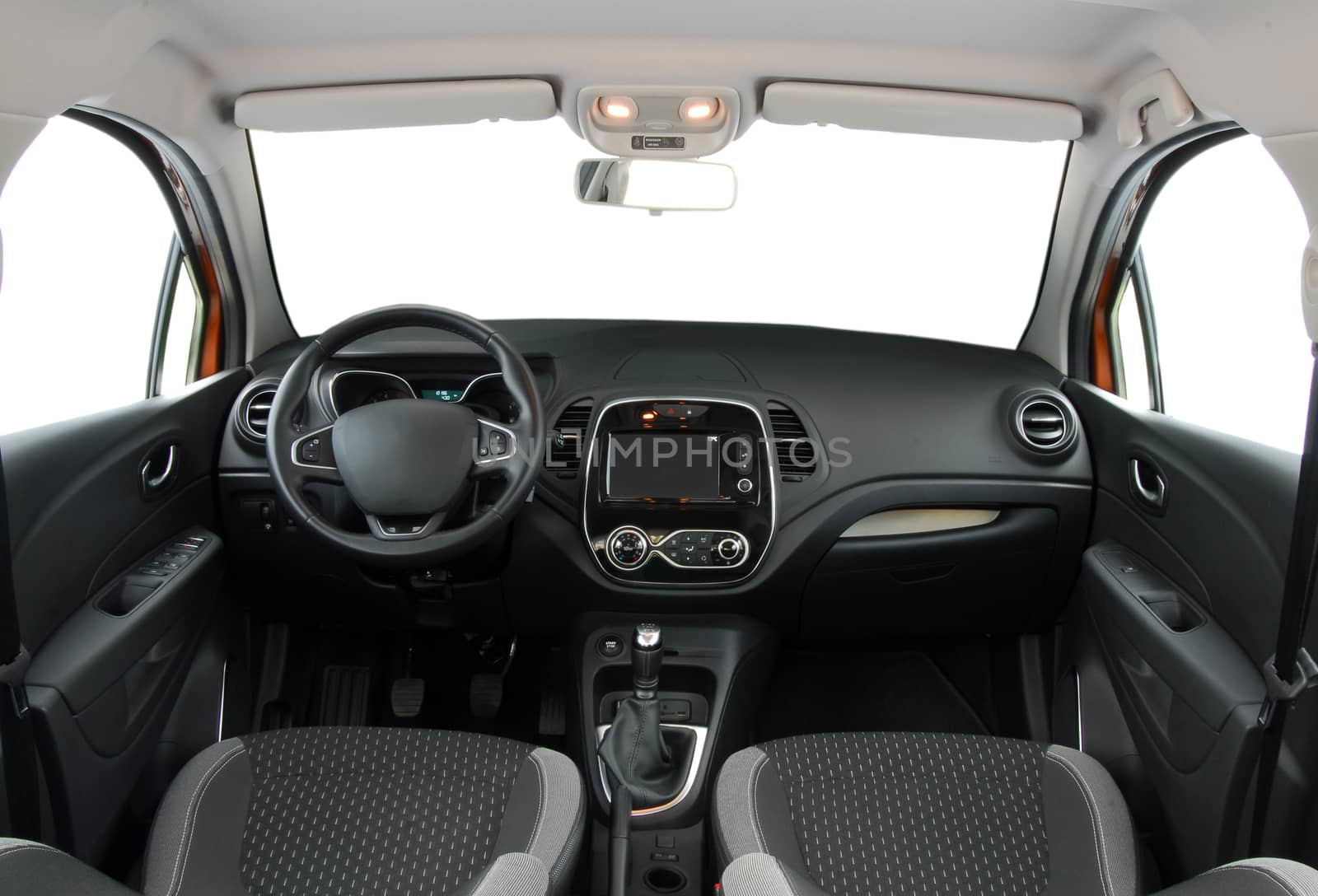 studio shot passenger car interior, front view