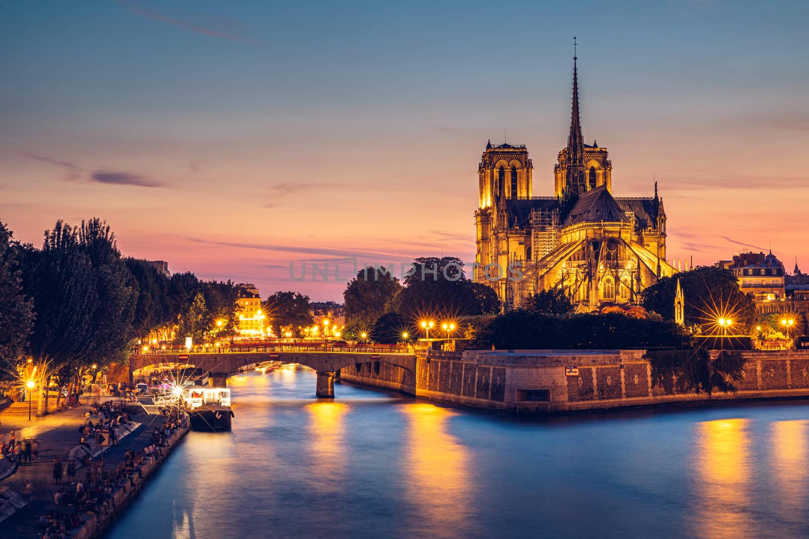Notre Dame de Paris cathedral at sunset, France. Notre Dame de Paris, most beautiful Cathedral in Paris. Picturesque sunset over Cathedral of Notre Dame de Paris, destroyed in a fire in 2019, Paris.
