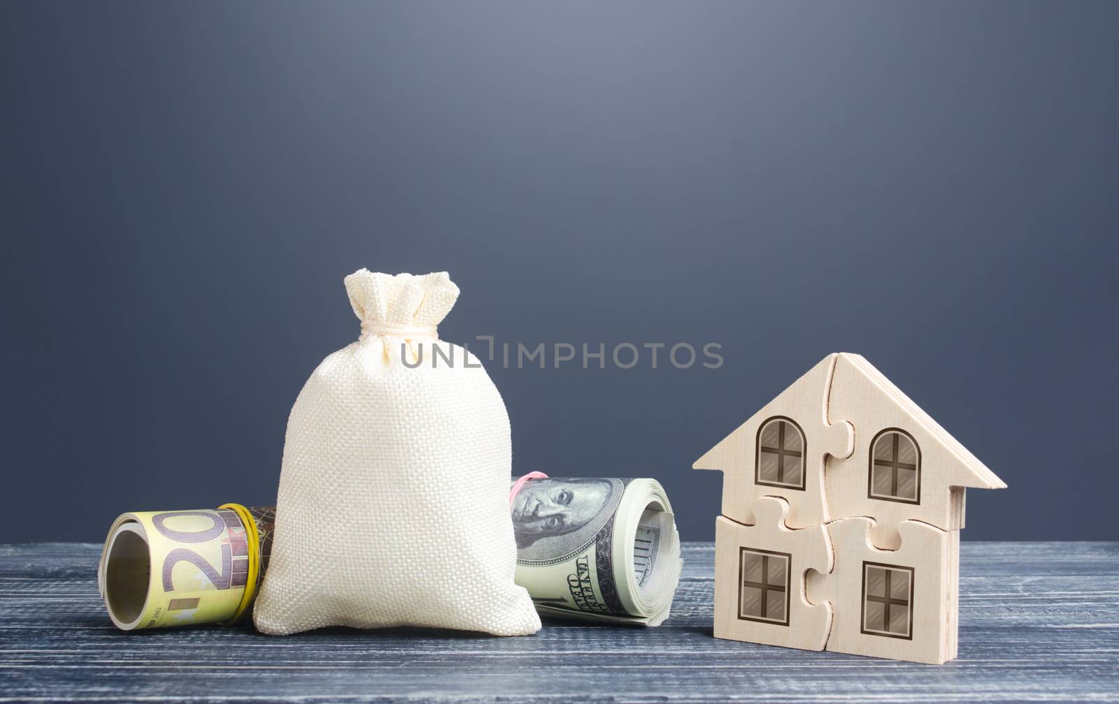 Blank clear money bag and puzzle house. Housing cooperative membership. Mortgage loan on purchase, building maintenance and utility services costs. Property valuation. State social programs. by iLixe48