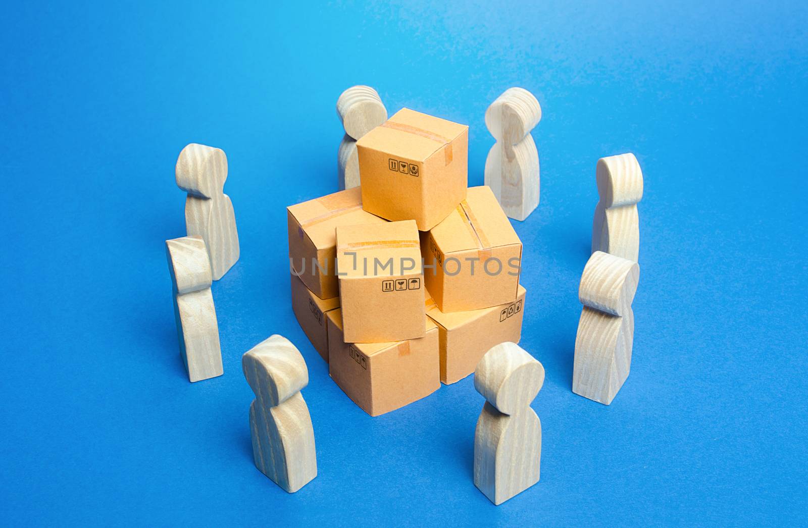 Bunch of boxes surrounded by people. Joint purchases, directly from manufacturer. Business process organization of distribution retail of goods. Marketing and market research. Production collaboration