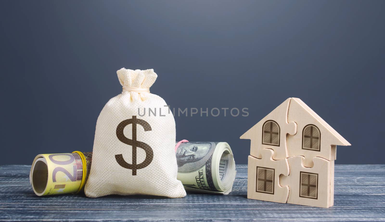 Dollar money bag and puzzle house. Housing cooperative membership legal entity. Mortgage loans building maintenance and utility services costs. Energy efficiency, savings. Social programs.