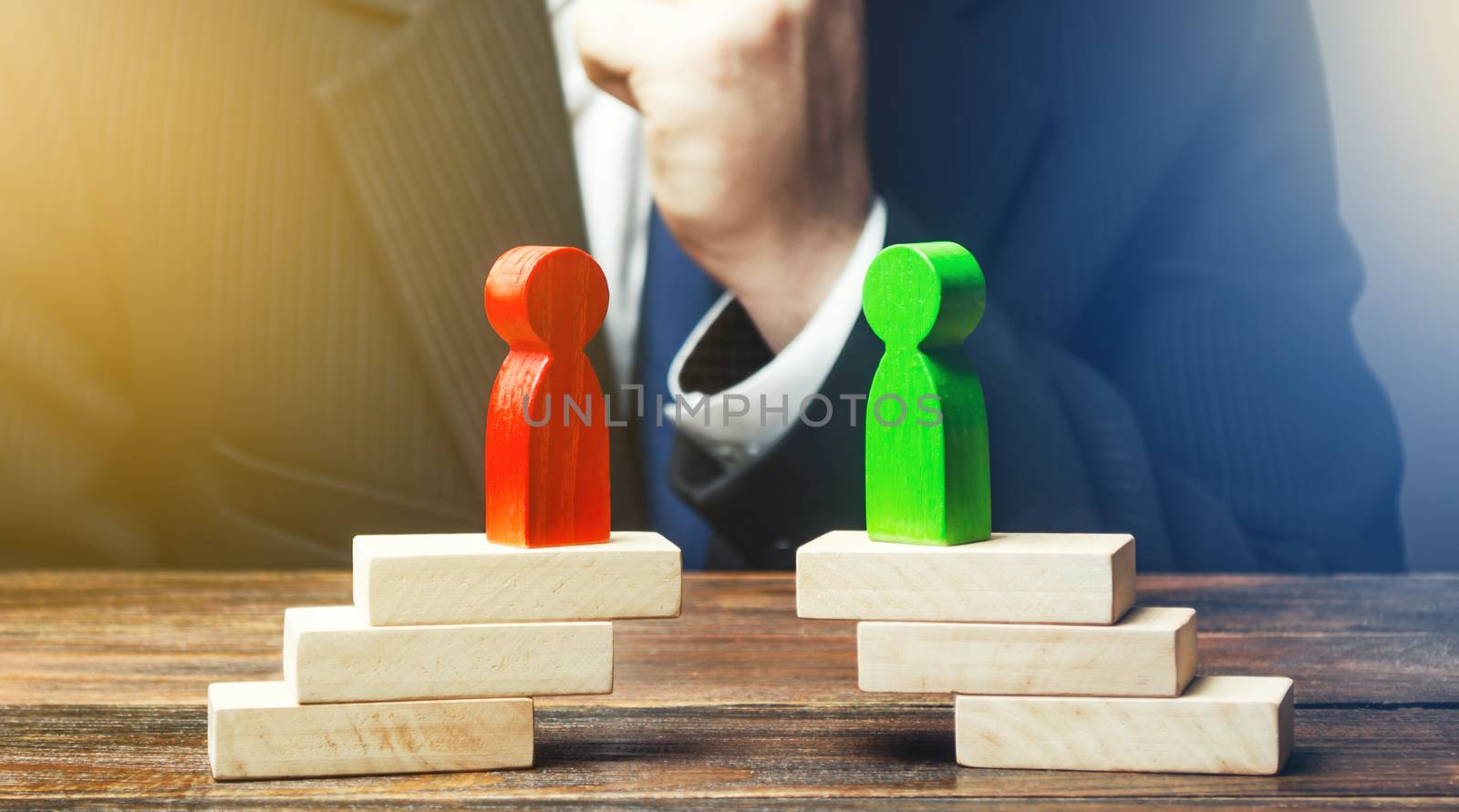 A businessman is studying the negotiation process and rivalry parties. Truce agreement. Resolution disputes, compromise. Establishing contact. Candidates Political Debate. De-escalation of conflict