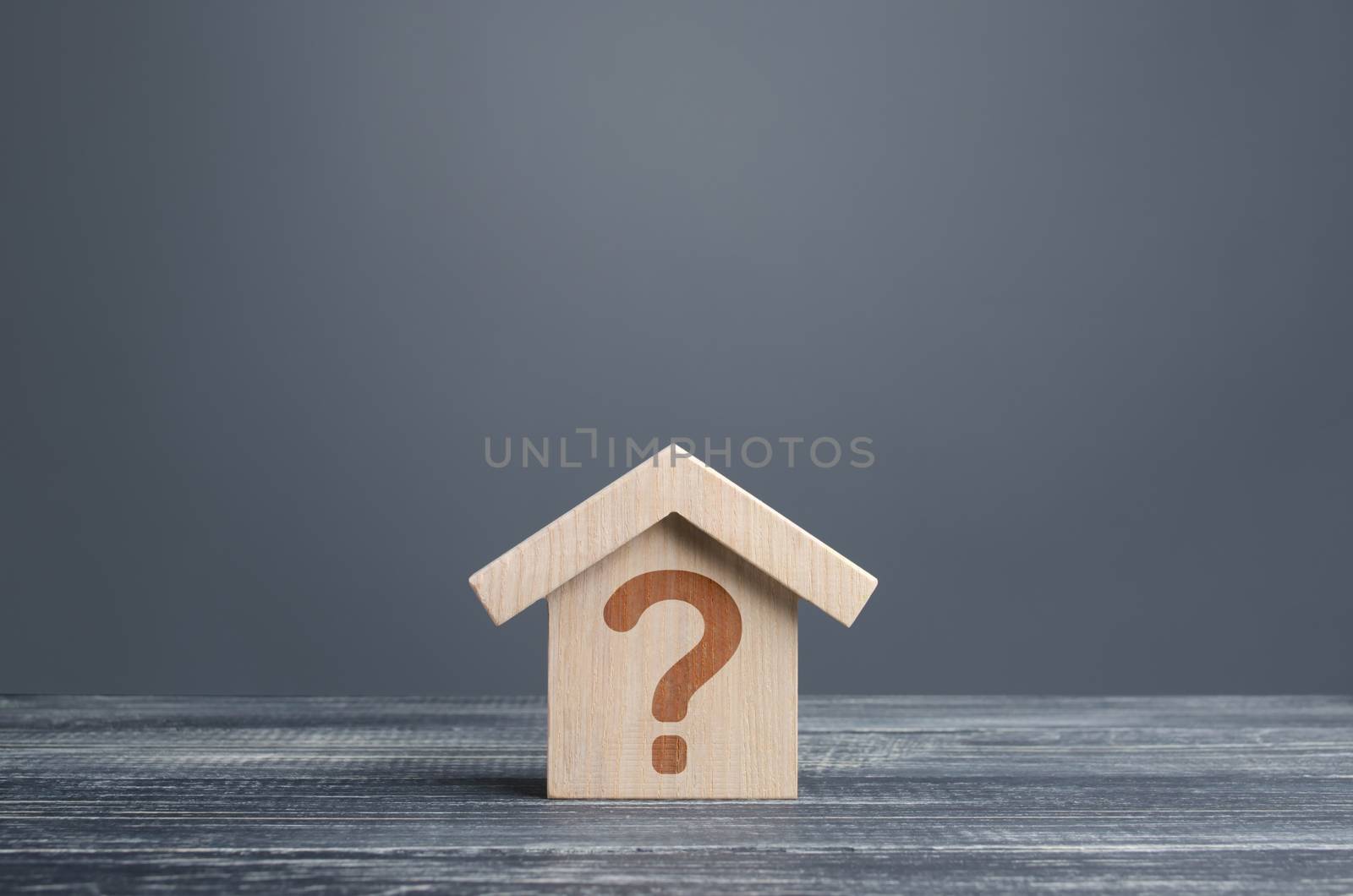 House with a question mark. Cost estimate. Solving housing problems, deciding buy or rent real estate. Search for options, choice type of residential buildings. Property price valuation evaluation