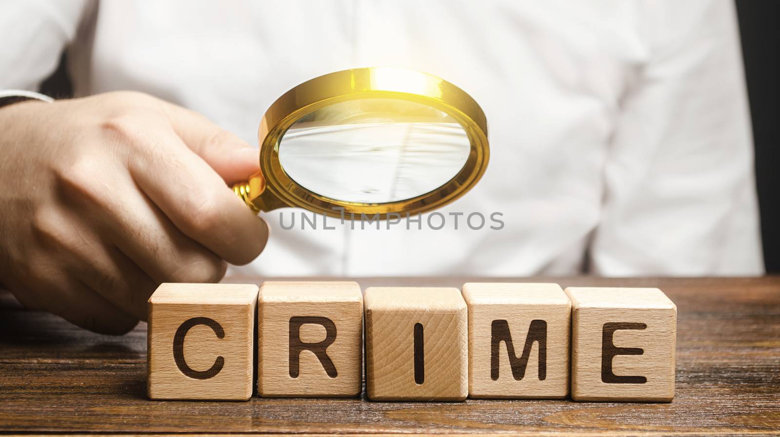 Man with a magnifying glass examines the word Crime. Investigation. Collection evidence, identification of perpetrators, familiarization with court case. Detective, criminal forensic expert. Expertise by iLixe48