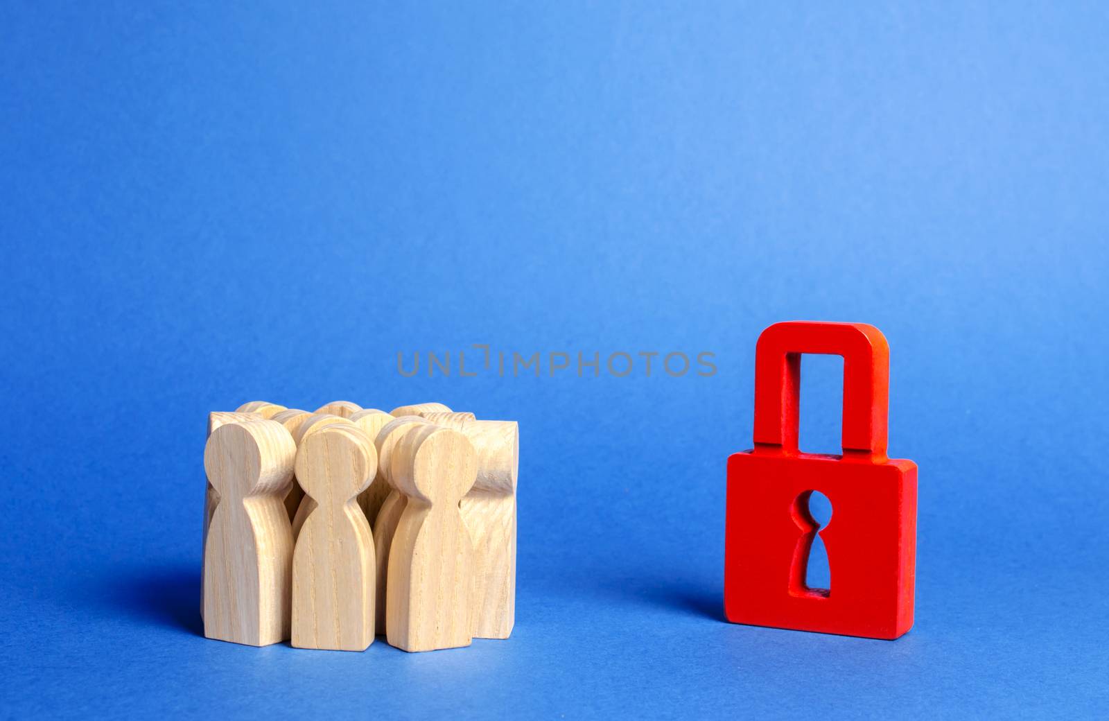 crowd of people looks at a red padlock. The concept of security and safety. Protection of personal data and tangible property, insurance. study of safety rules on the Internet and on the street