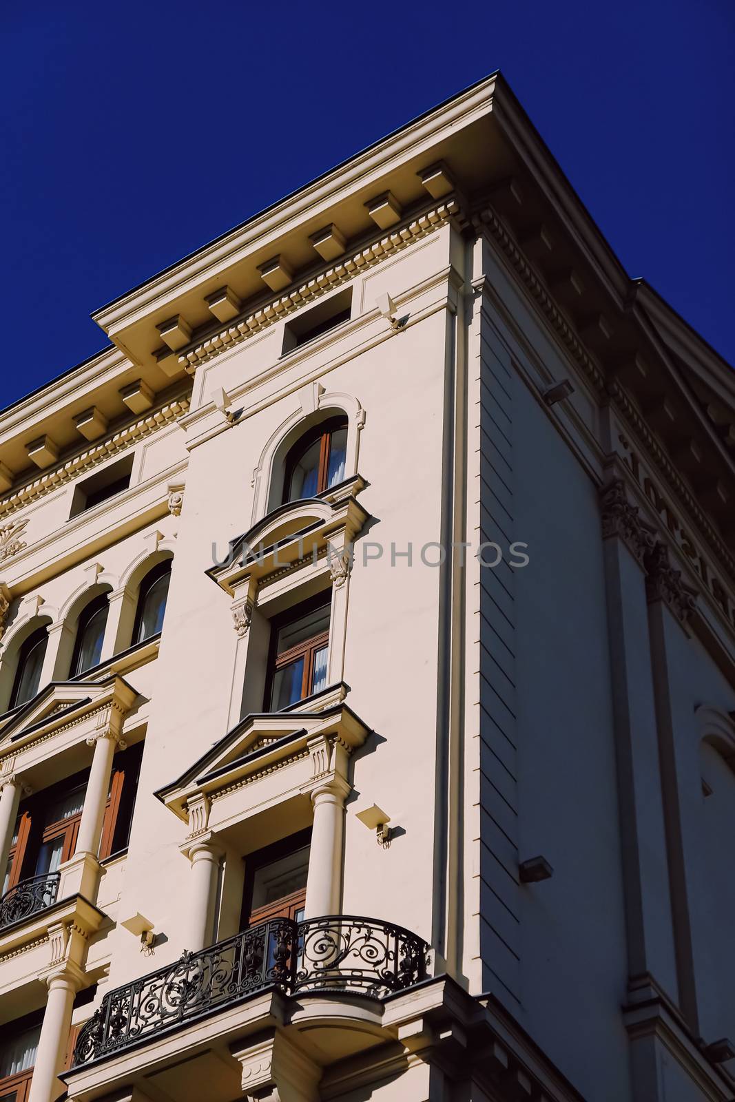 Exterior facade of classic building in the European city, architecture and design detail