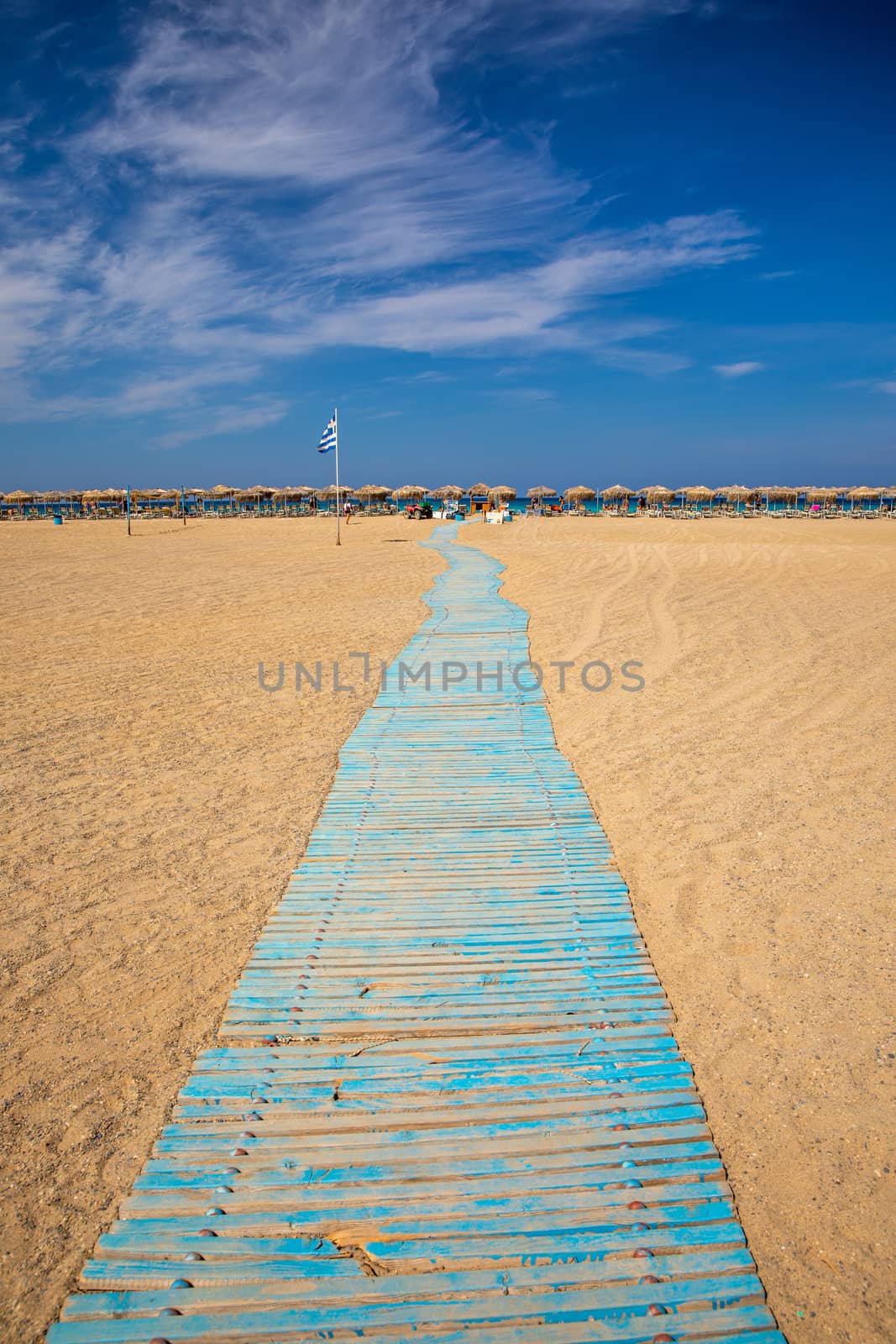 Shot of beautiful turquoise beach Falasarna (Falassarna) in Crete, Greece. View of famous paradise sandy deep turquoise beach of Falasarna (Phalasarna) in North West, Crete island, Greece.