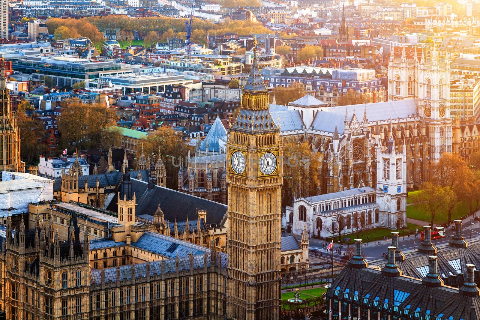 Beautiful panoramic scenic view on London's southern part from window of London Eye tourist attraction wheel cabin: cityscape, Westminster Abbey, Big Ben, Houses of Parliament and Thames river