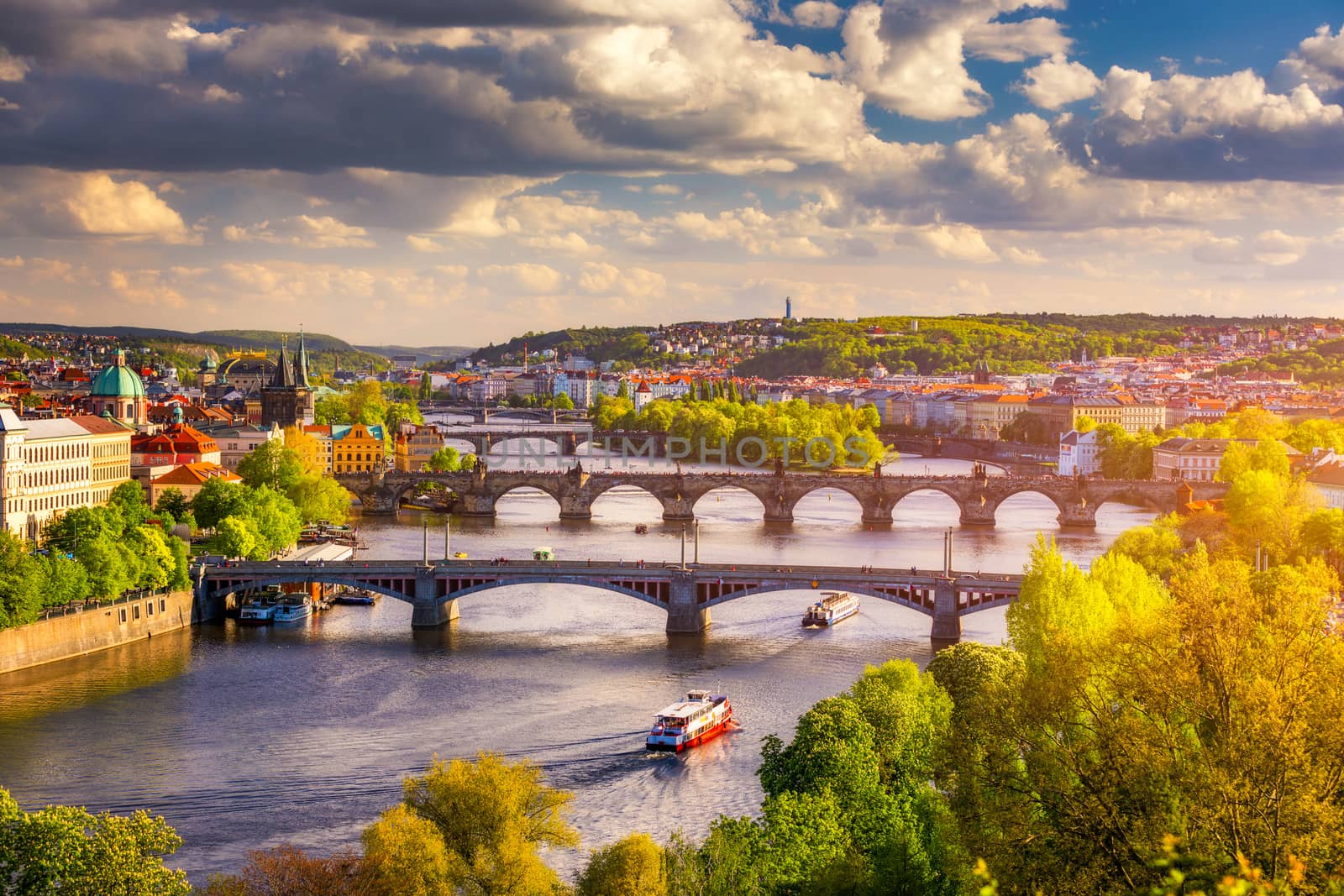 Spring view in Letna Park, Prague, Czech Republic. Spring in Prague (Praha), beautiful Letna park (Letenske sady) in sunlight, sunny landscape, popular tourist destination, Prague, Czech Republic