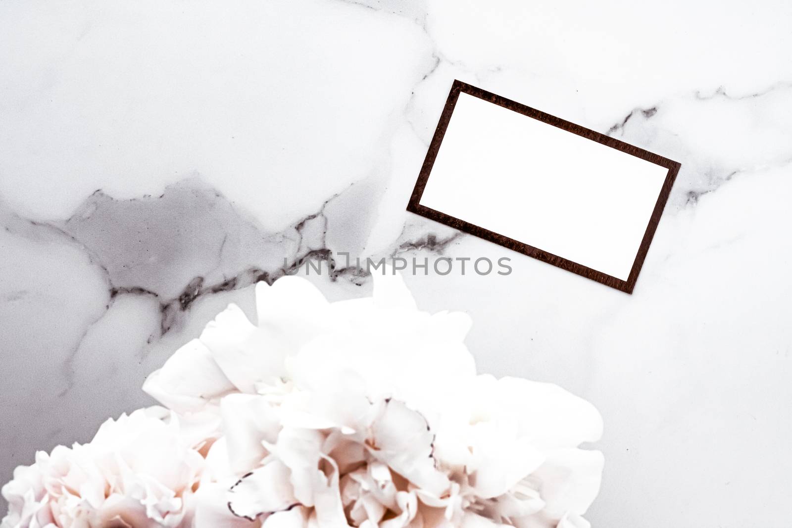 Glamorous business card or invitation mockup and bouquet of peony flowers, wedding and event branding design