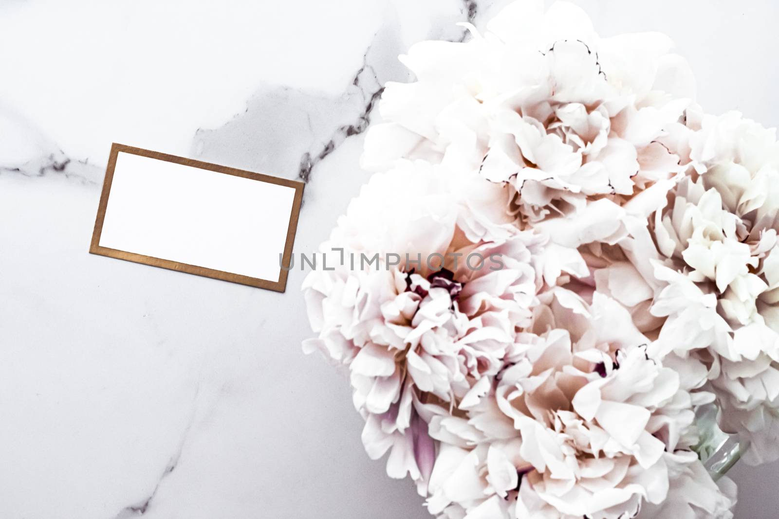 Glamorous business card or invitation mockup and bouquet of peony flowers, wedding and event branding by Anneleven