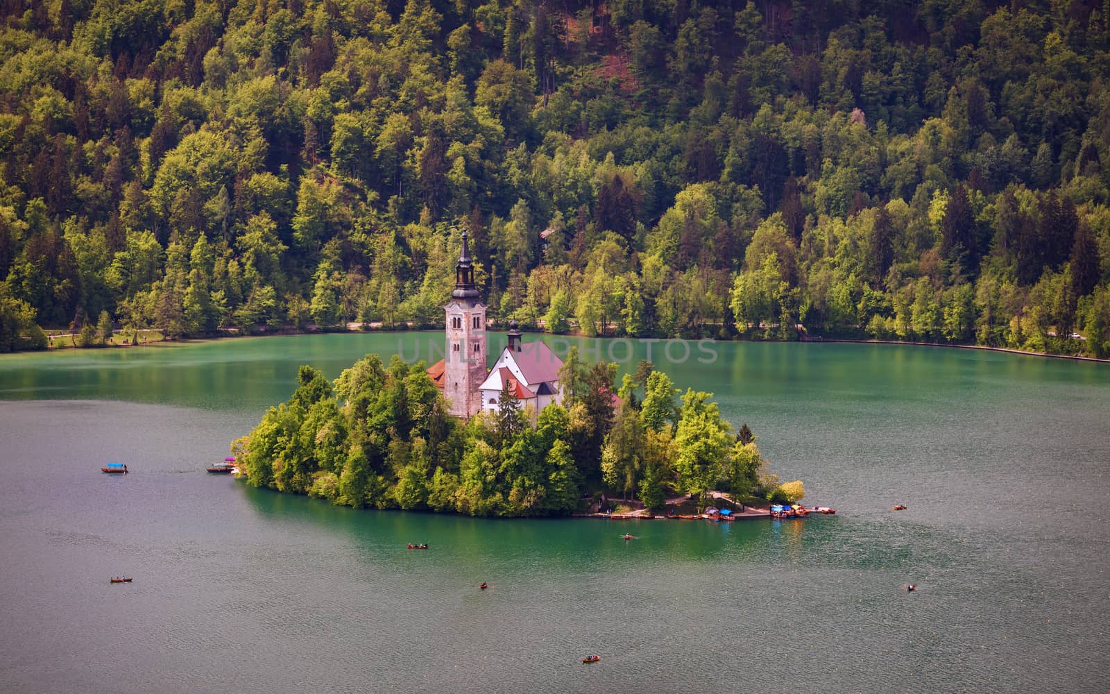 Lake Bled Slovenia. Beautiful mountain Bled lake with small Pilgrimage Church. Most famous Slovenian lake and island Bled with Pilgrimage Church of the Assumption of Maria. Bled, Slovenia.