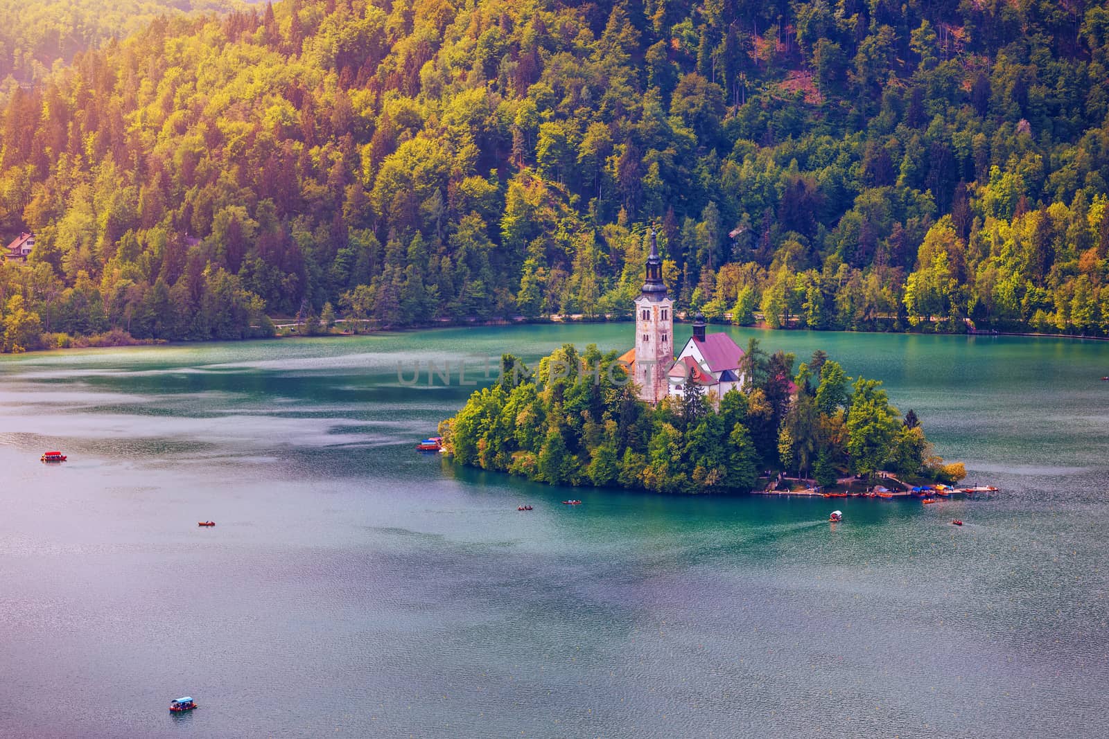 Lake Bled Slovenia. Beautiful mountain Bled lake with small Pilgrimage Church. Most famous Slovenian lake and island Bled with Pilgrimage Church of the Assumption of Maria. Bled, Slovenia.