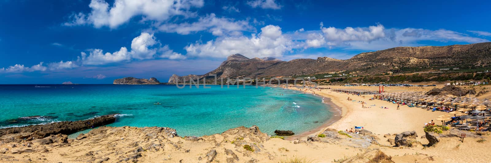 Shot of beautiful turquoise beach Falasarna (Falassarna) in Crete, Greece. View of famous paradise sandy deep turquoise beach of Falasarna (Phalasarna) in North West, Crete island, Greece.