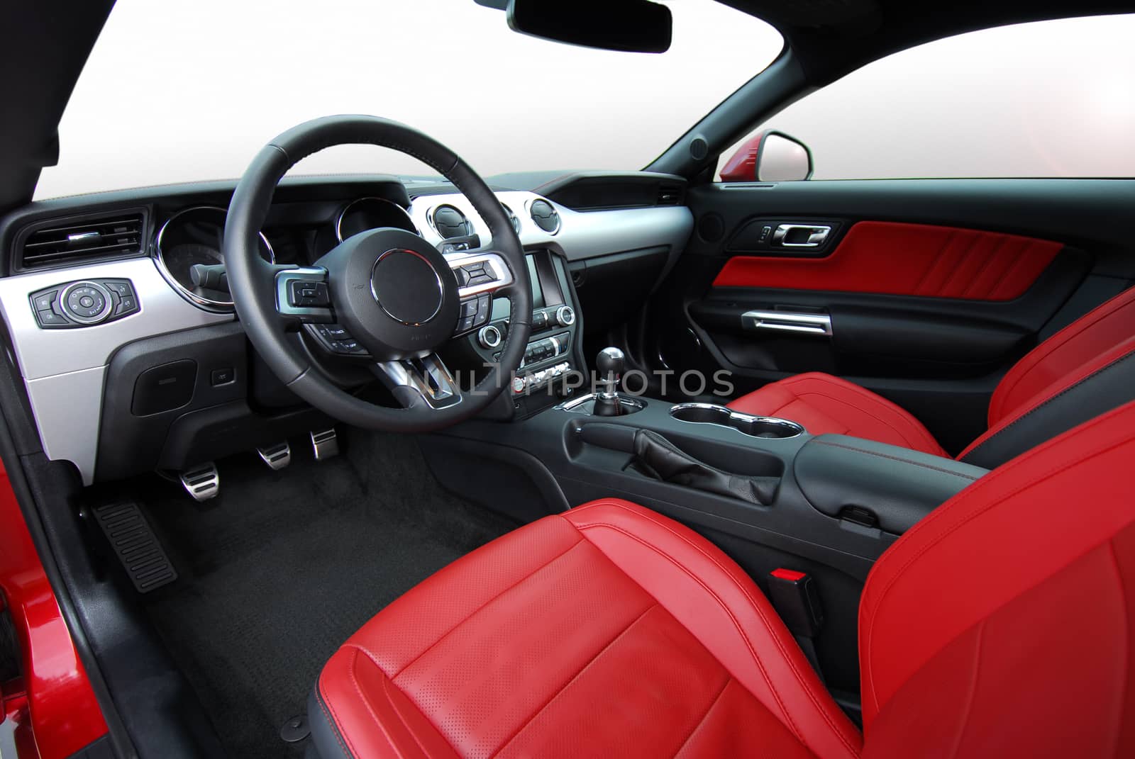 studio shot passenger car interior, front view