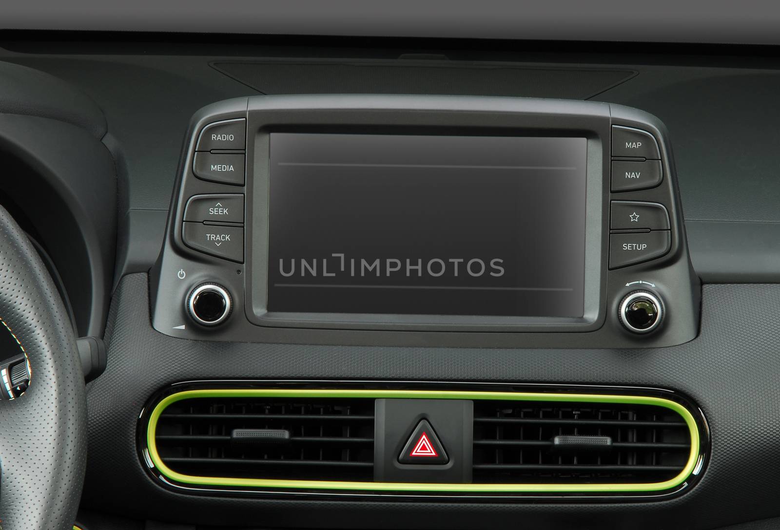 Modern car dashboard. Screen multimedia system. Interior detail