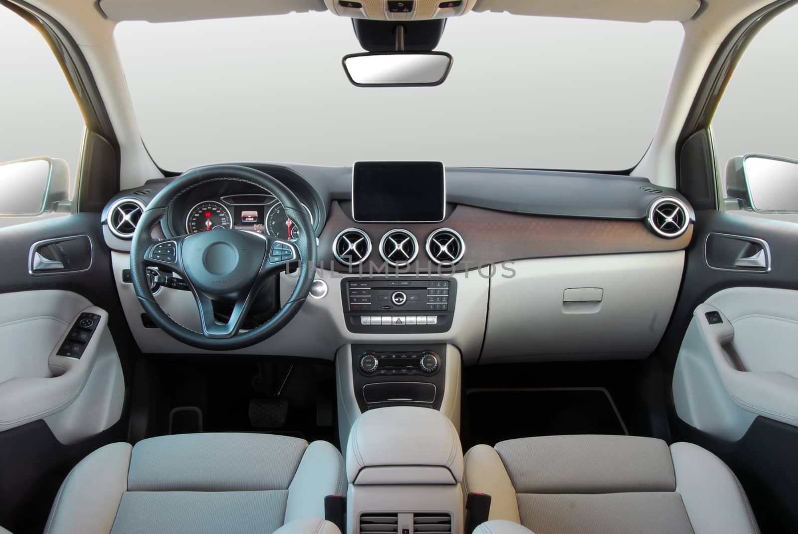 studio shot passenger car interior, front view