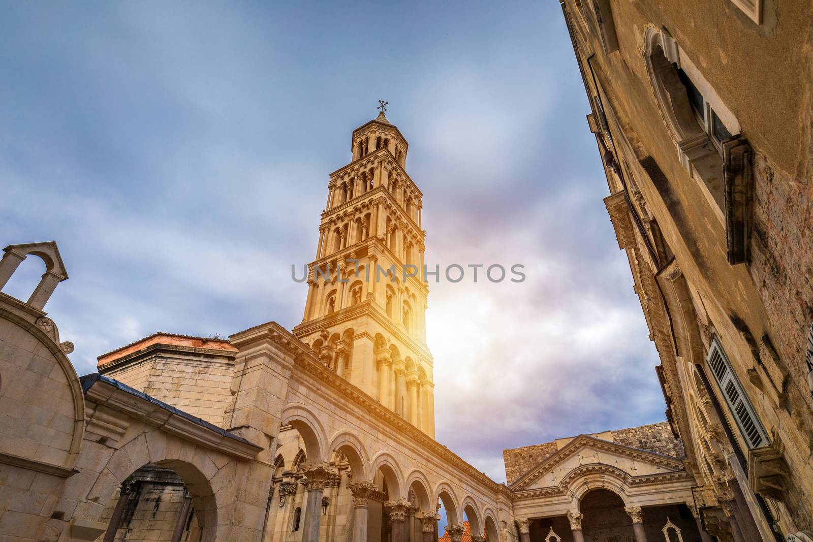 Diocletian's Palace's peristyle in front of Cathedral of Saint Domnius' bell tower in Split, Croatia. Diocletian palace UNESCO world heritage site in Split, Dalmatia, Croatia.