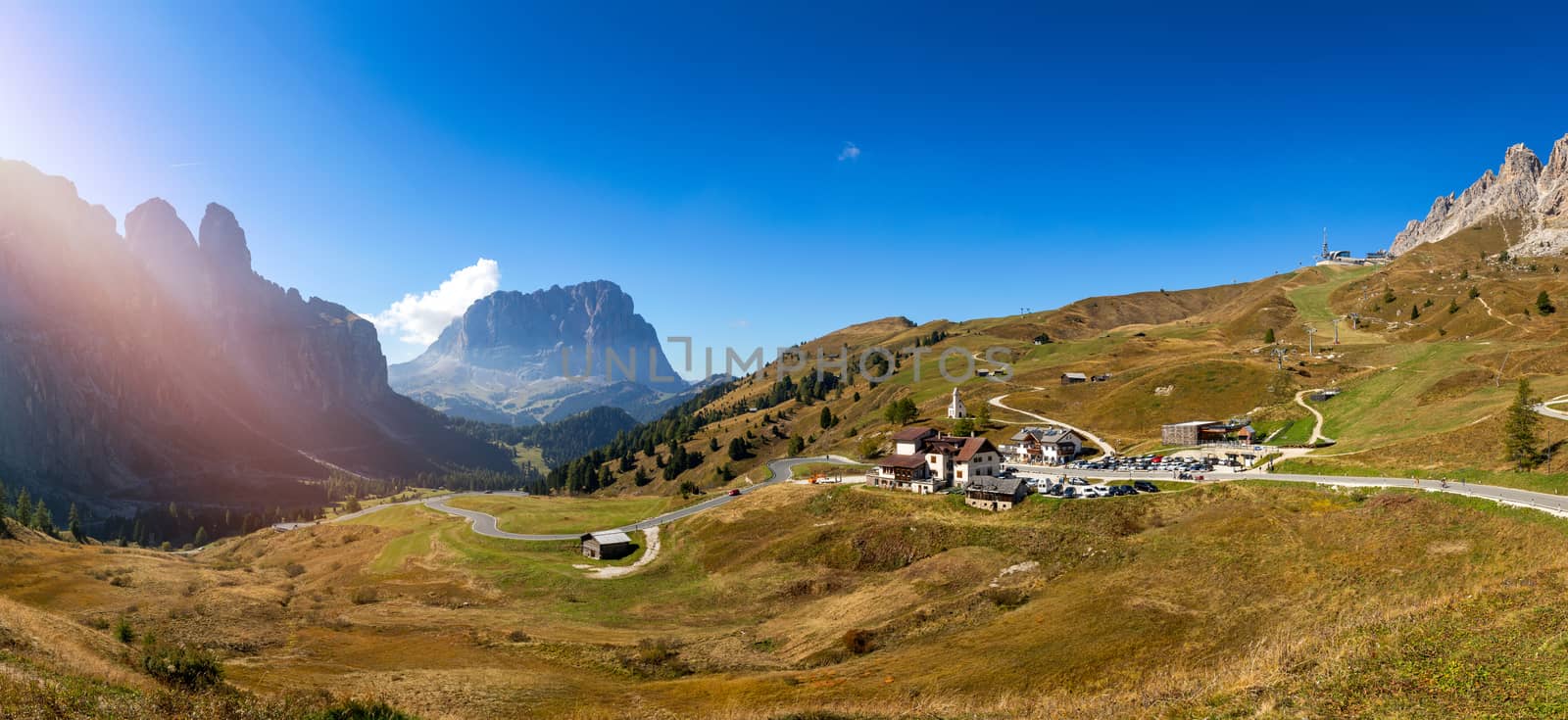 Gardena Pass, Trentino Alto Adige, Italy. Gardena Pass with Sassolungo mountain on the background. Passo Gardena, alpine pass between Val Badia and Val Gardena, South Tyrol, Italy.