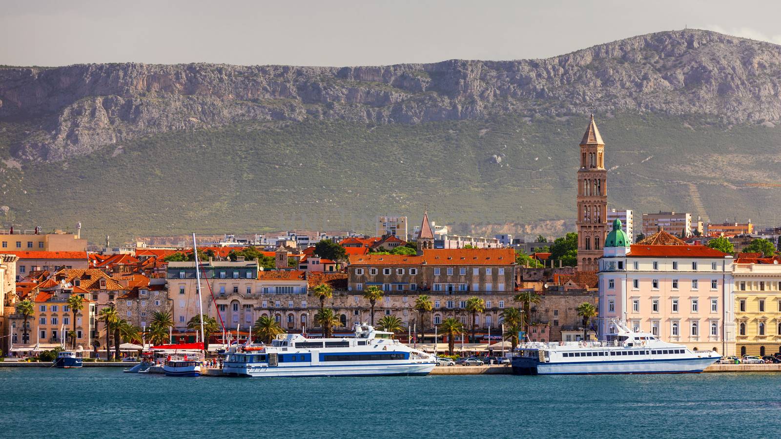 Split, Croatia (region of Dalmatia). UNESCO World Heritage Site. View of Split city, Diocletian Palace and Mosor mountains in background. Split panoramic view of town, Dalmatia, Croatia.