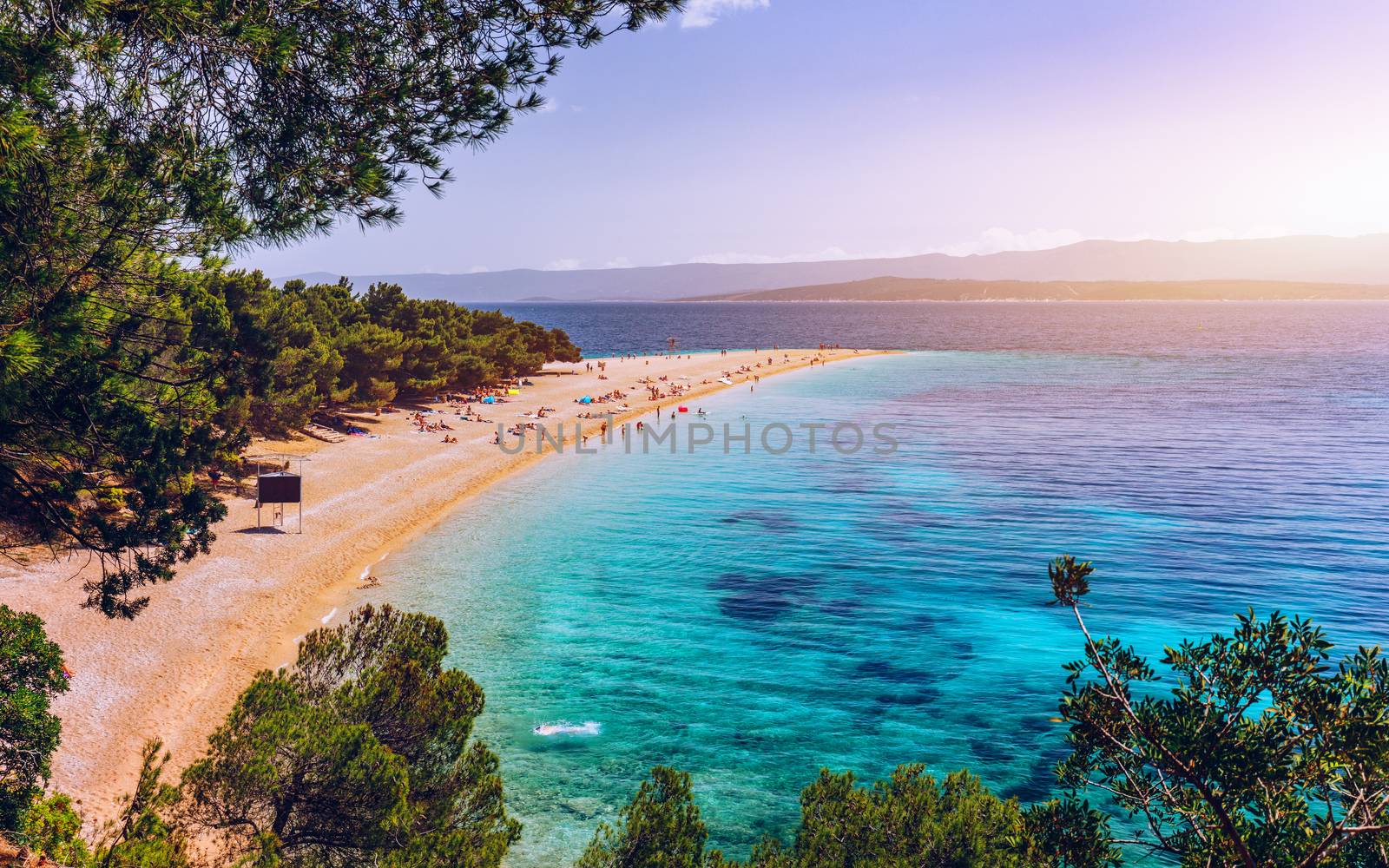 Beautiful panorama of famous Adriatic beach Zlatni Rat (Golden Cape or Golden Horn) with turquoise water , Island of Brac Croatia summertime. Famous Adriatic beach Zlatni Rat in Bol, Brac, Croatia.