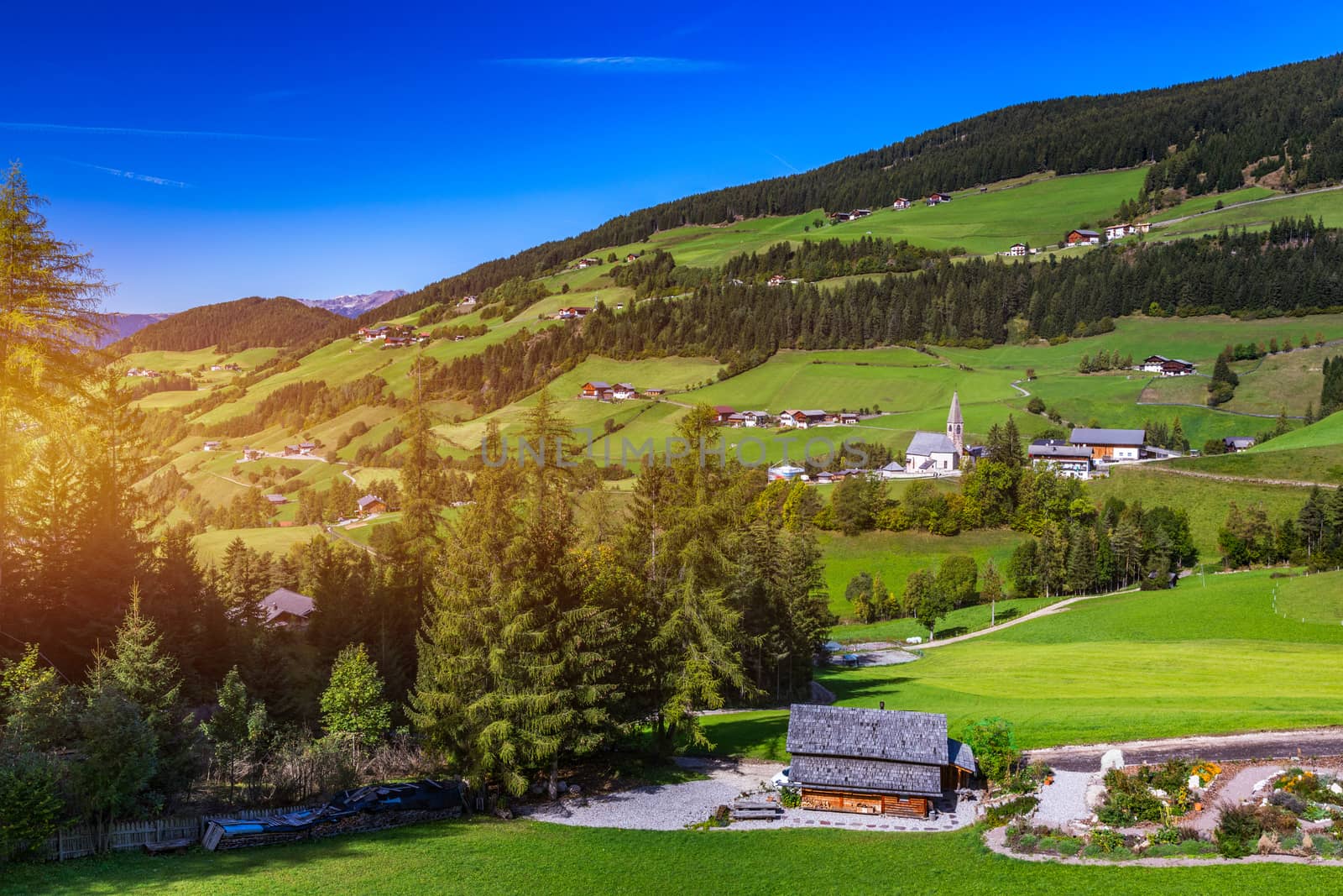 Santa Maddalena (Santa Magdalena) village with magical Dolomites mountains in background, Val di Funes valley, Trentino Alto Adige region, South Tyrol, Italy, Europe. Santa Maddalena Village, Italy. 