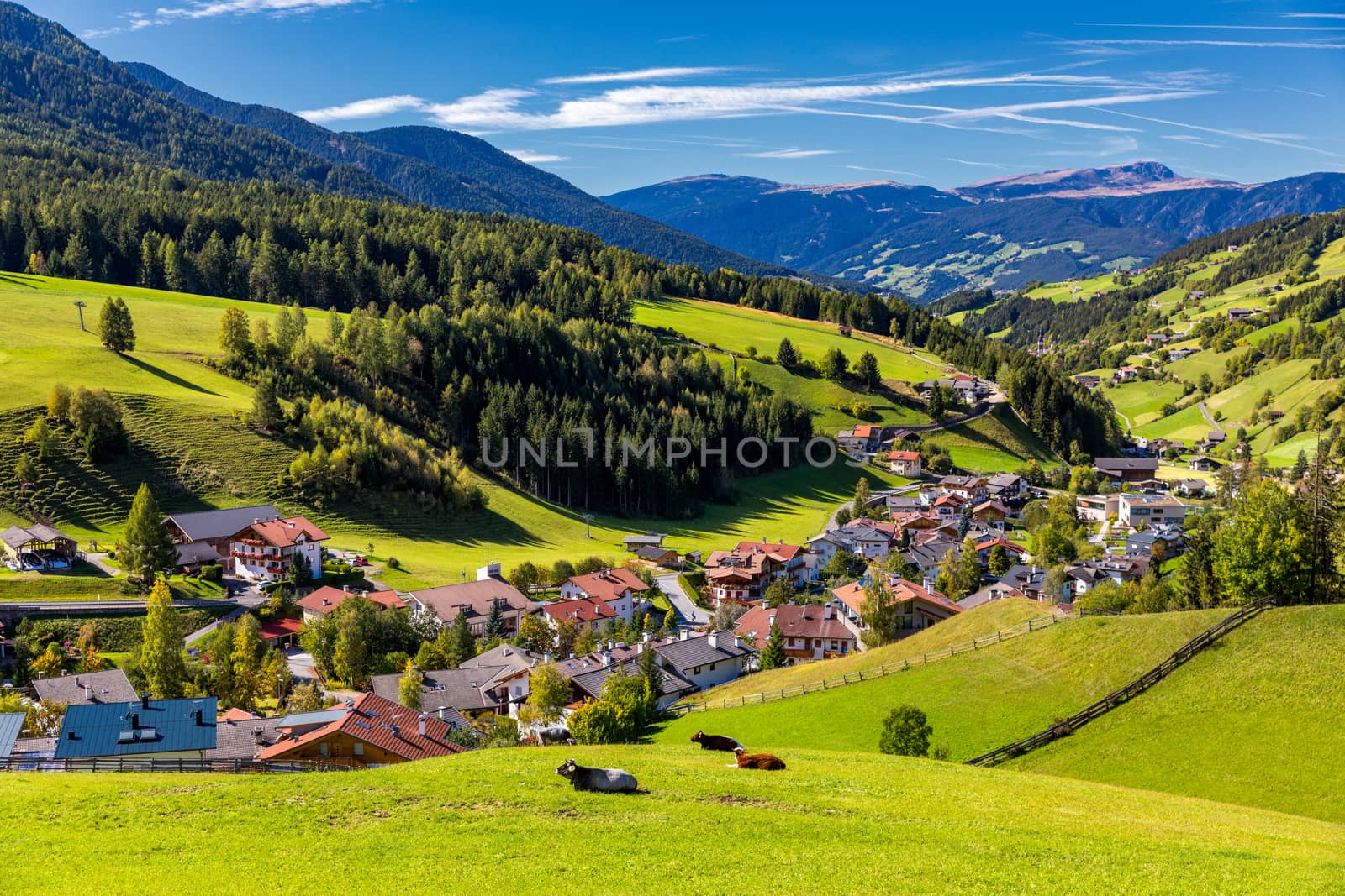 Santa Maddalena (Santa Magdalena) village with magical Dolomites mountains in background, Val di Funes valley, Trentino Alto Adige region, South Tyrol, Italy, Europe. Santa Maddalena Village, Italy. 