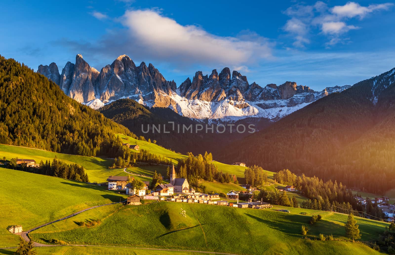 Santa Maddalena (Santa Magdalena) village with magical Dolomites mountains in background, Val di Funes valley, Trentino Alto Adige region, South Tyrol, Italy, Europe. Santa Maddalena Village, Italy. 