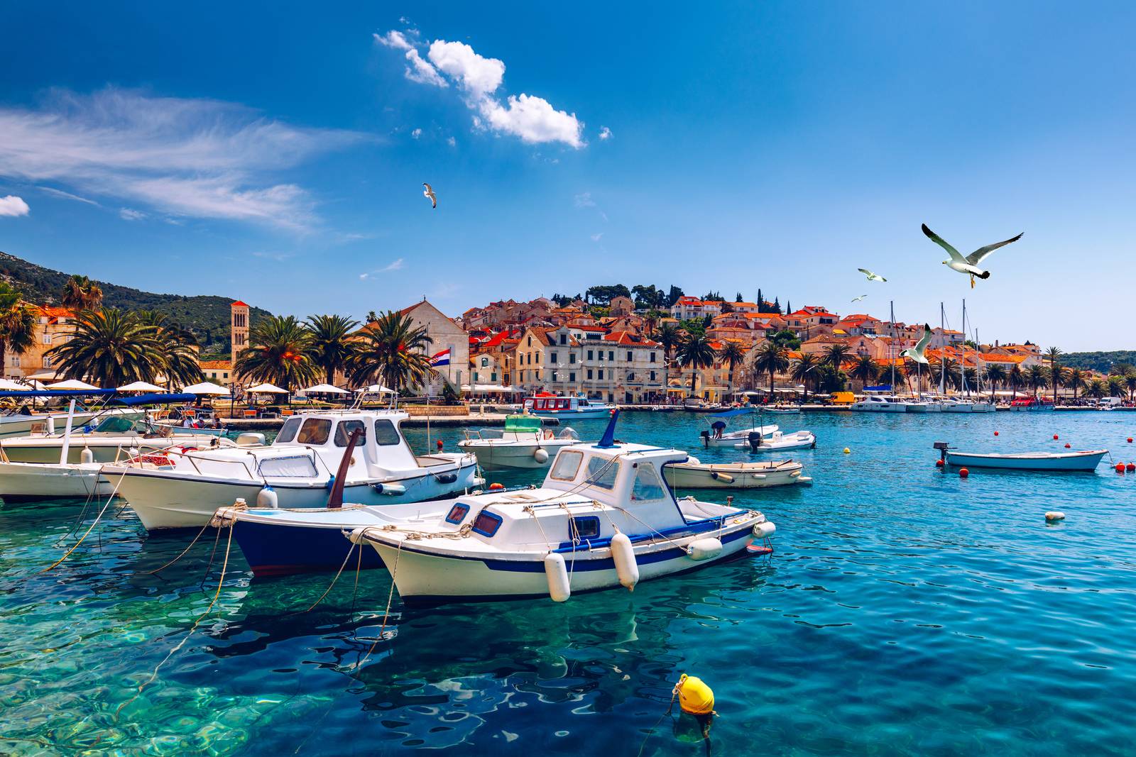 View at amazing archipelago with fishing boats in front of town Hvar, Croatia. Harbor of old Adriatic island town Hvar with seagull's flying over the city. Amazing Hvar city on Hvar island, Croatia. 