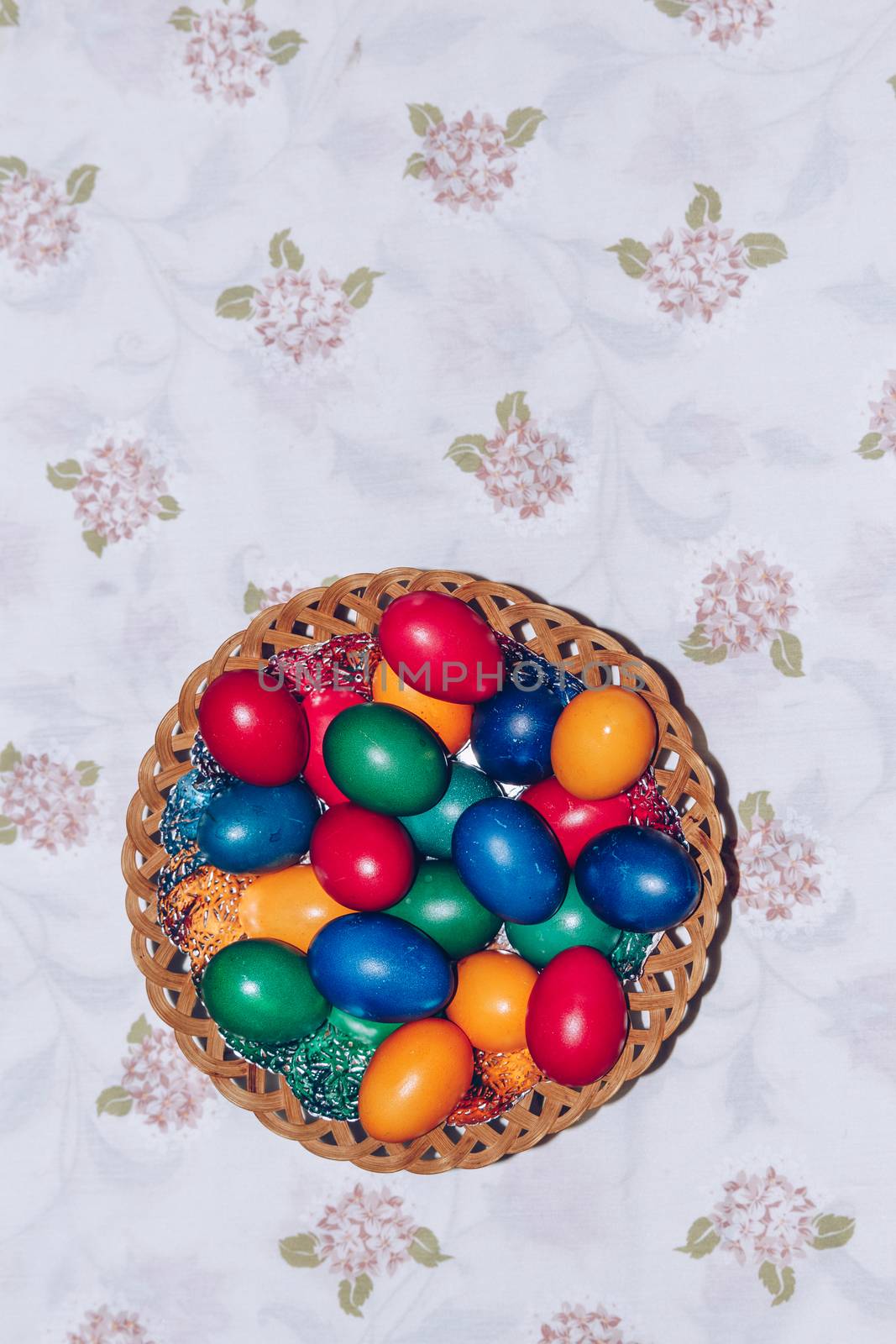 Colorful easter eggs in basket. Happy Easter, Christian religious holiday.