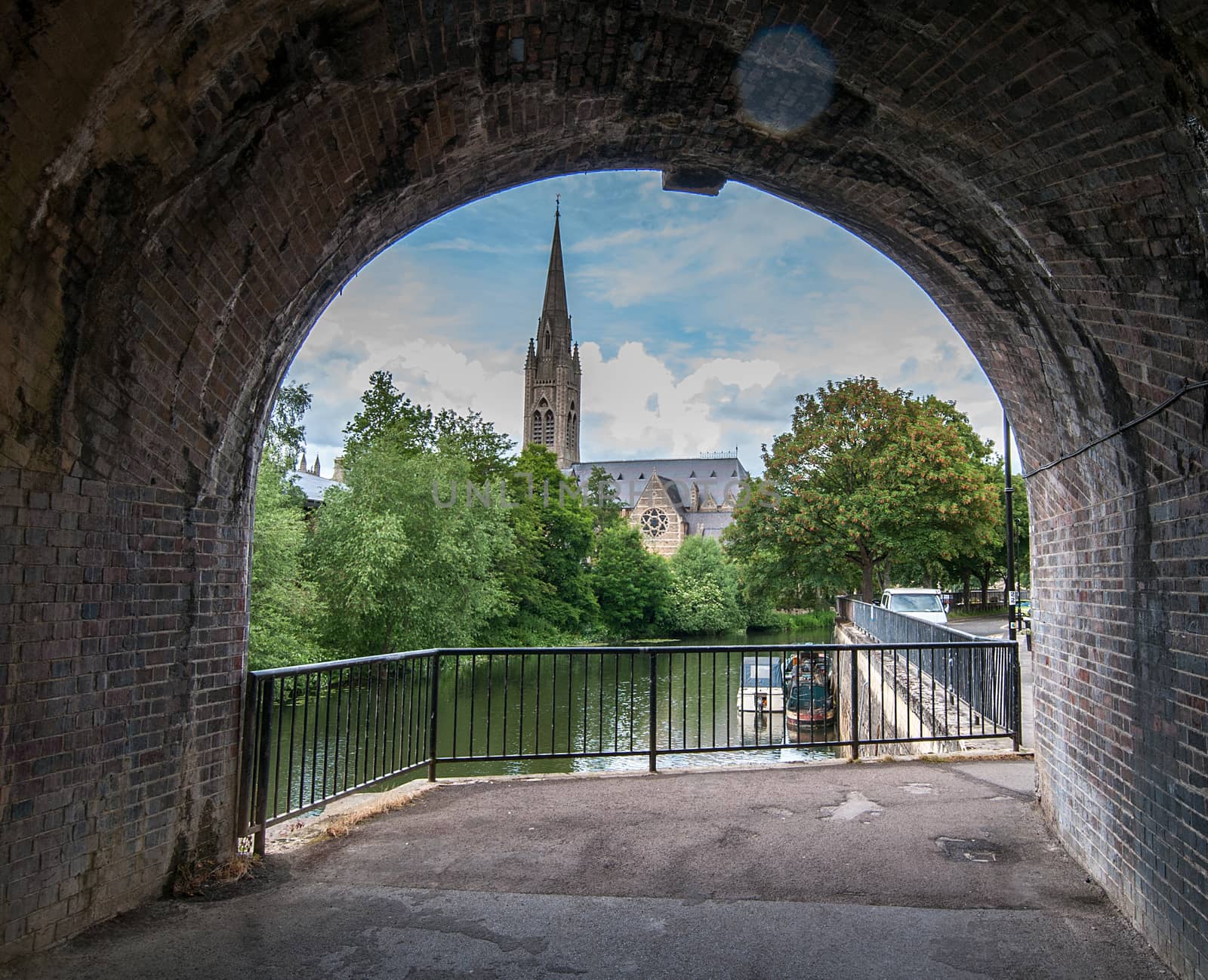 church view from under bridge