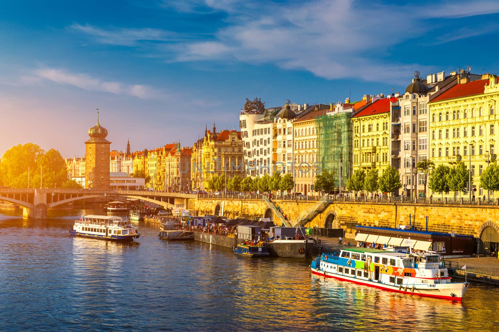 Scenic embankment in Prague city; Historical center of Prague, buildings and landmarks of old town, Prague, Czech Republic