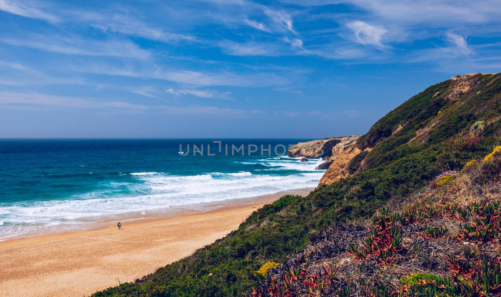 View of the Monte Clerigo beach on the western coastline of Portugal, Algarve. Stairs to beach Praia Monte Clerigo near Aljezur, Costa Vicentina, Portugal, Europe.