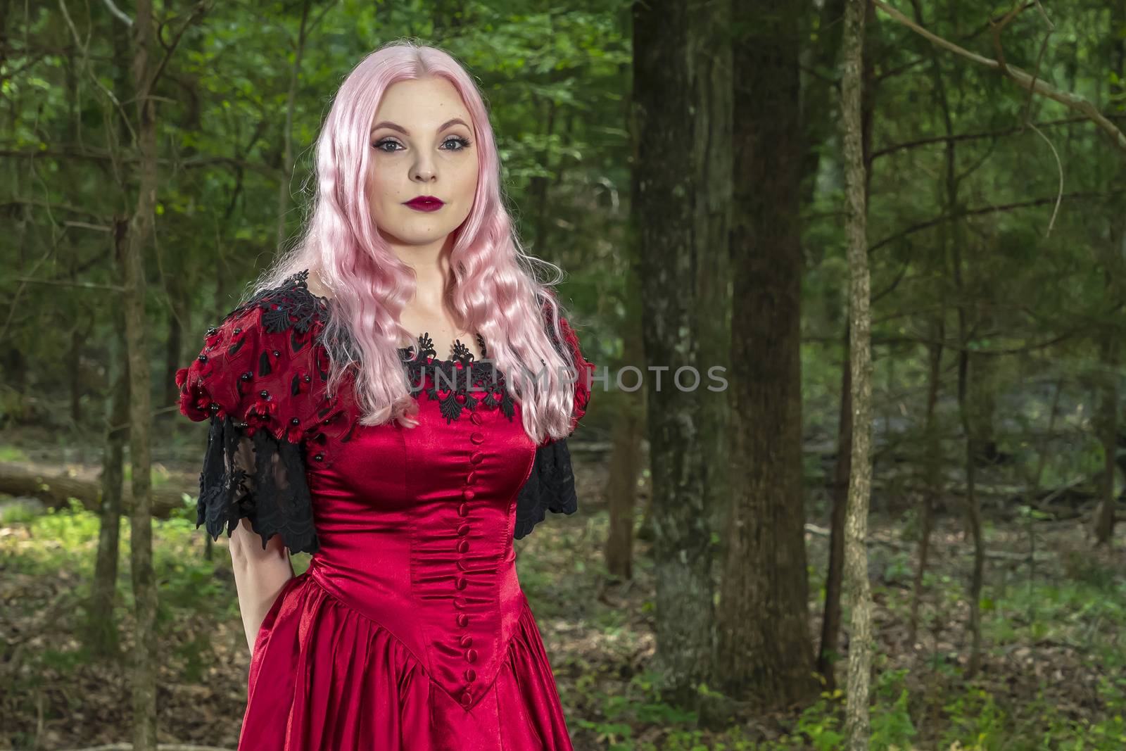A gorgeous gothic model acts in a forest environment