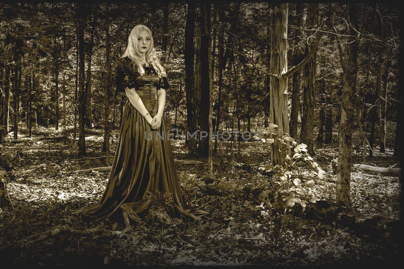 A gorgeous gothic model acts in a forest environment