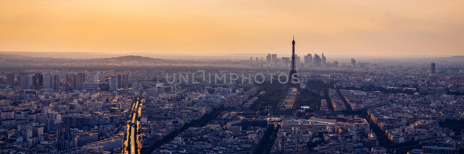 High resolution aerial panorama of Paris, France taken from the Notre Dame Cathedral before the destructive fire of 15.04.2019. The river Seine. Aerial view of Paris at sunset. Paris, France.