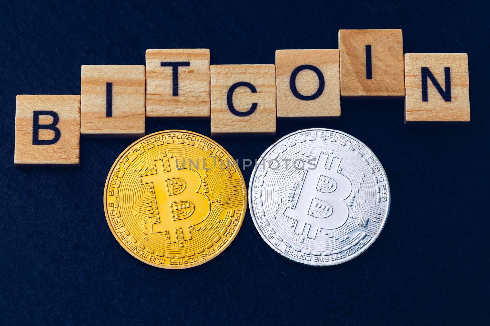 Bitcoin cryptocurrency (crypto currency). Silver Bitcoin and golden Bitcoin symbol. Bitcoin (BTC) cryptocurrency.