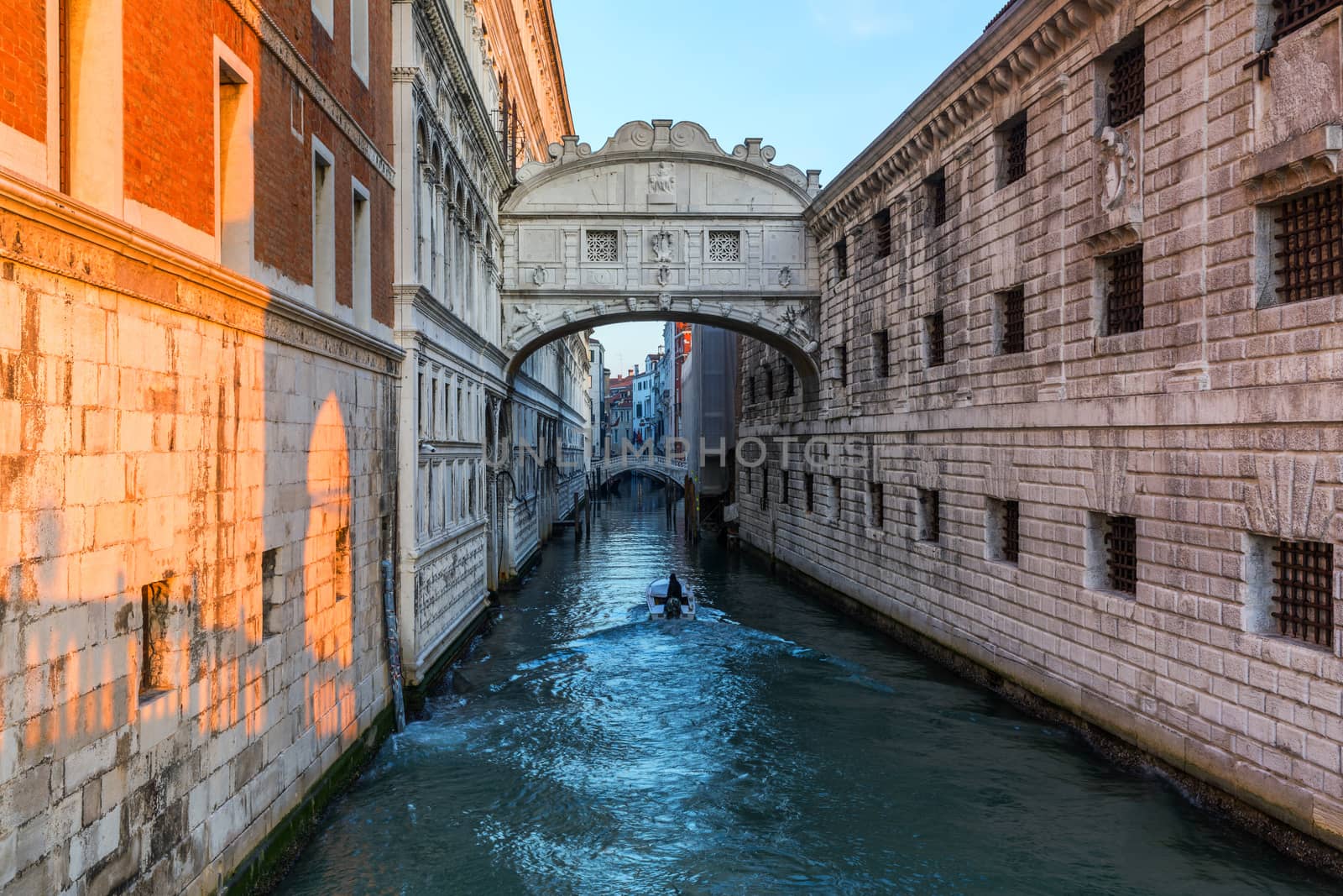 View of the Bridge of Sighs (Ponte dei Sospiri) and the Rio de Palazzo o de Canonica Canal from the Riva degli Schiavoni in Venice, Italy. The Ponte de la Canonica is visible in background.