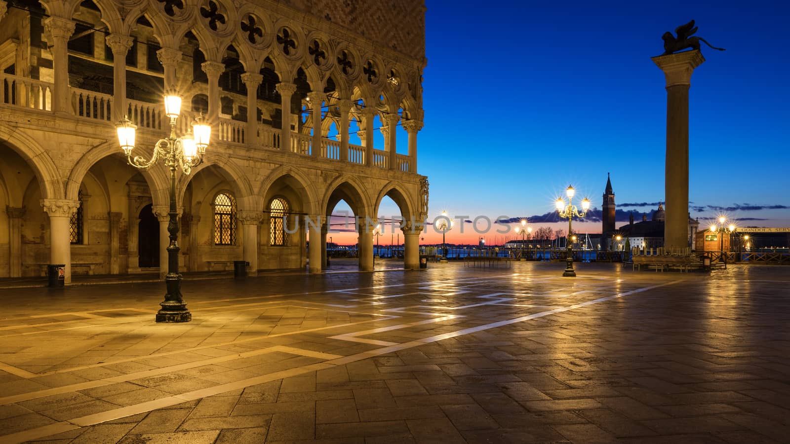Scenic view of Piazza San Marco in Venice at sunrise, Italy. Piazza San Marco at sunrise, Vinice, Italy. Venice sunrise, famous San Marco square at sunrise in Venice, Italy.