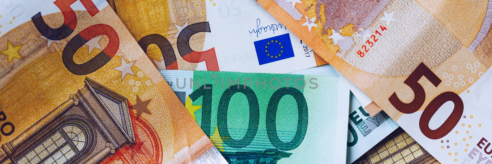 Euro money, Euro cash background. Banknotes of the european union. Euro cash. Many Euro banknotes of different values. 