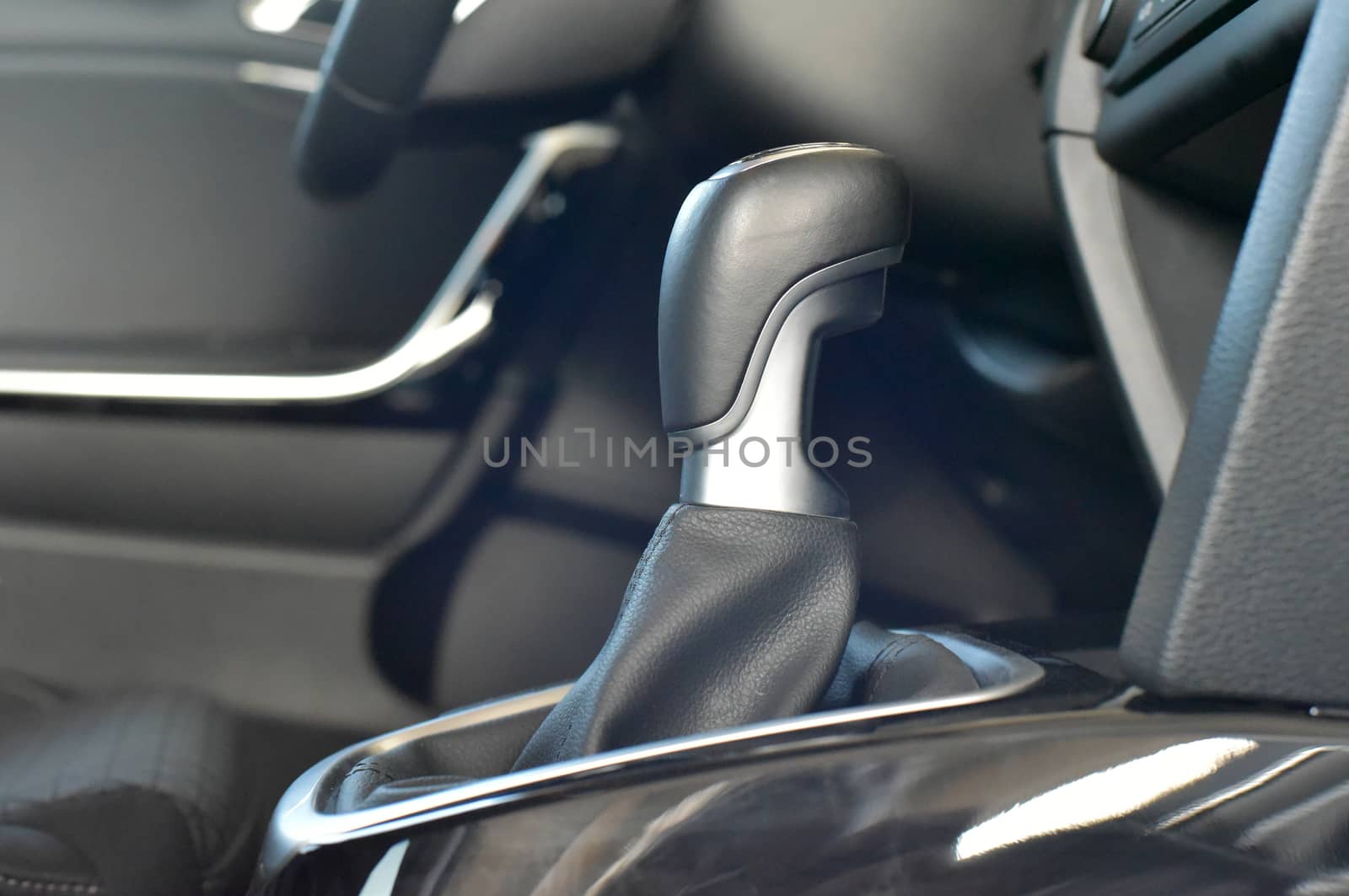 detail in the interior of the modern car, manual shift lever in the passenger car