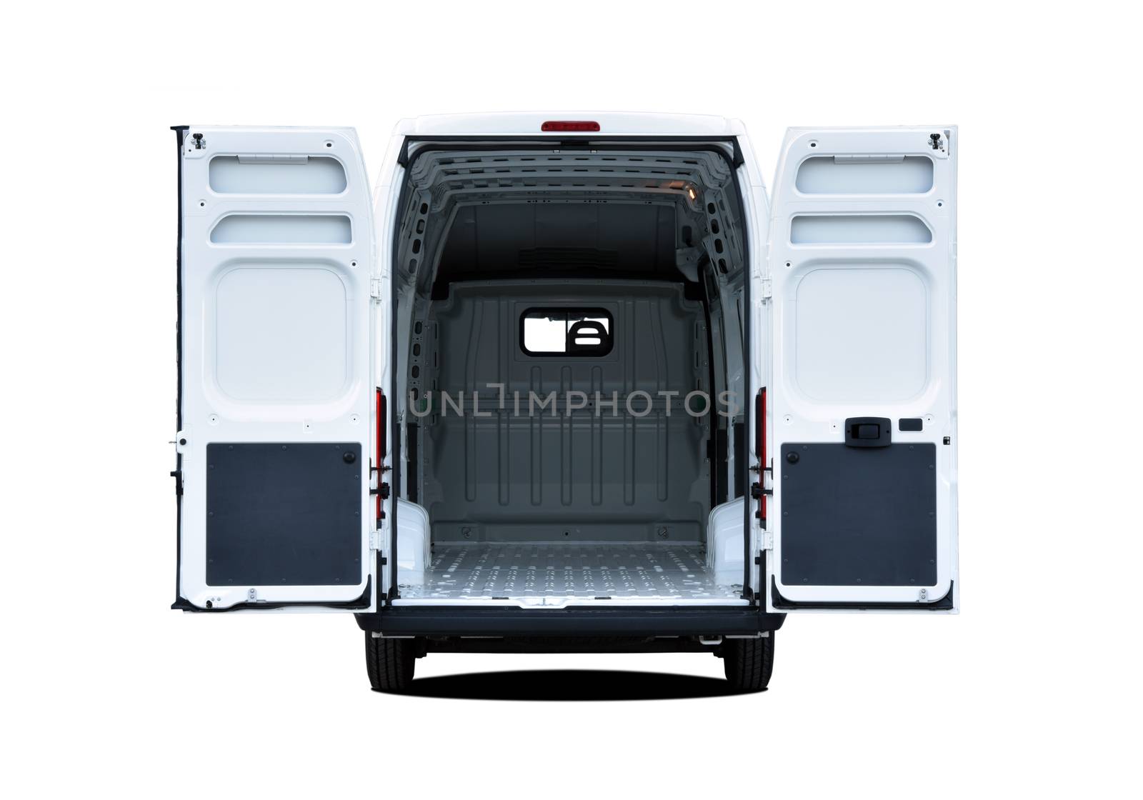 Empty van with rear doors opened, isolated on white background