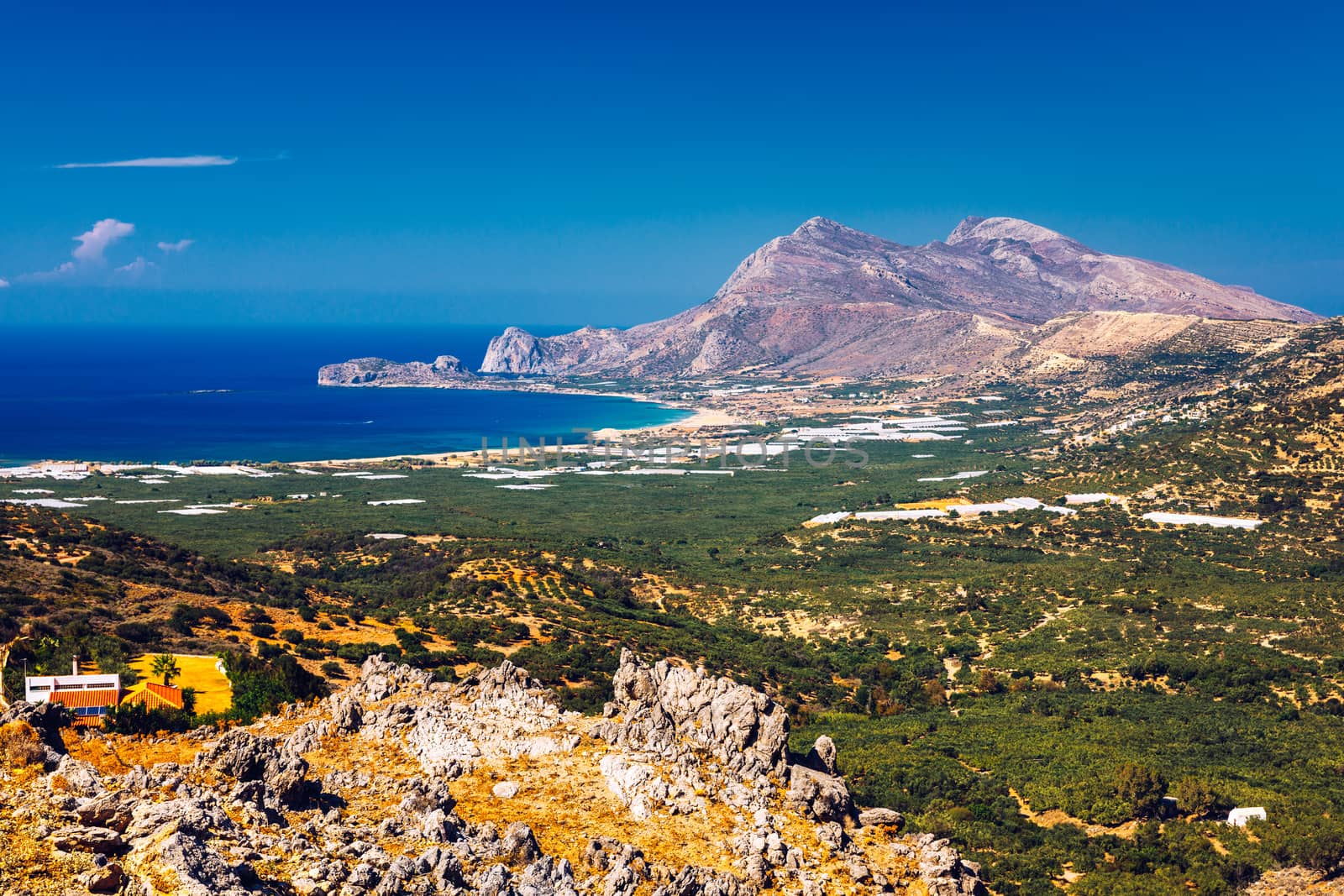 Shot of beautiful turquoise beach Falasarna (Falassarna) in Crete, Greece. View of famous paradise sandy deep turquoise beach of Falasarna (Phalasarna) in North West, Crete island, Greece.