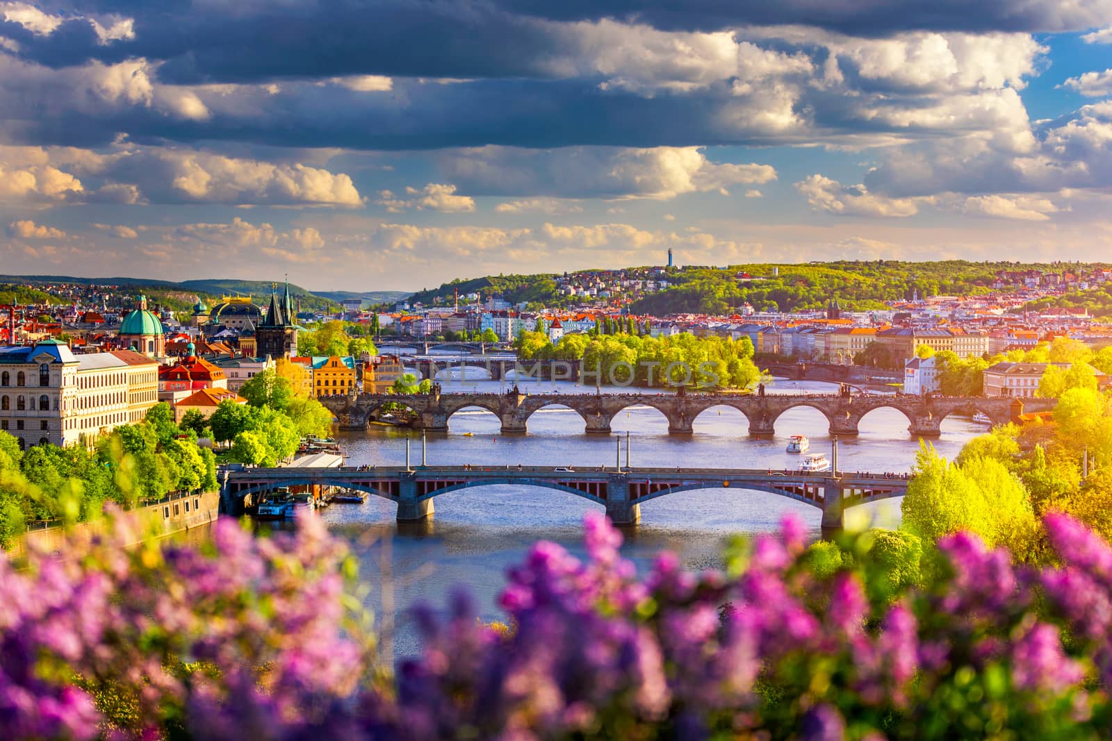 Scenic view of the Old Town pier architecture and Charles Bridge over Vltava river in Prague, Czech Republic. Prague iconic Charles Bridge (Karluv Most) and Old Town Bridge Tower at sunset, Czechia.