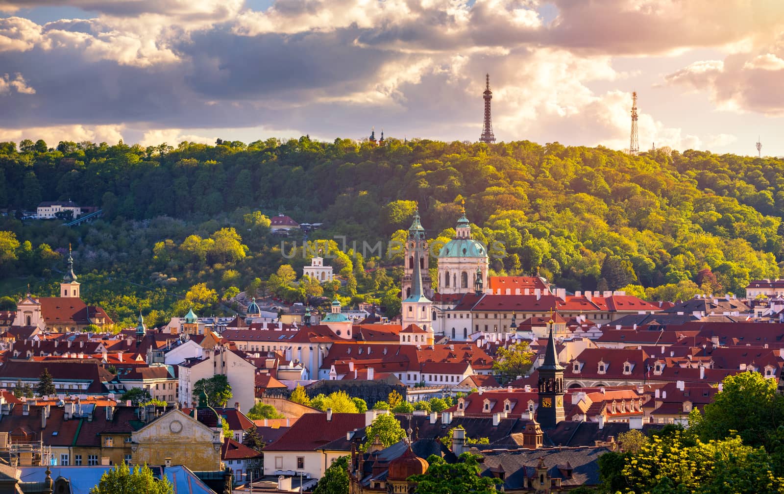 Spring view in Letna Park, Prague, Czech Republic. Spring in Prague (Praha), beautiful Letna park (Letenske sady) in sunlight, sunny landscape, popular tourist destination, Prague, Czech Republic