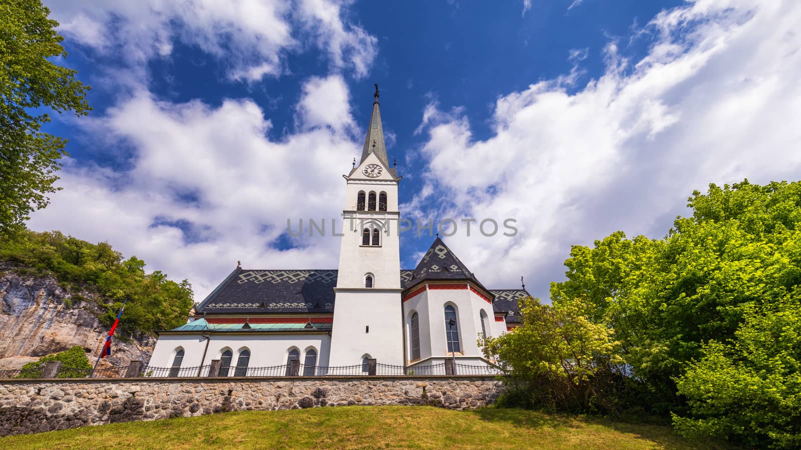 The Picturesque of St. Martin's Parish Church on the Hill by the Lake Bled of Slovenia. St Martin's Church on the shores of Lake Bled, Slovenia