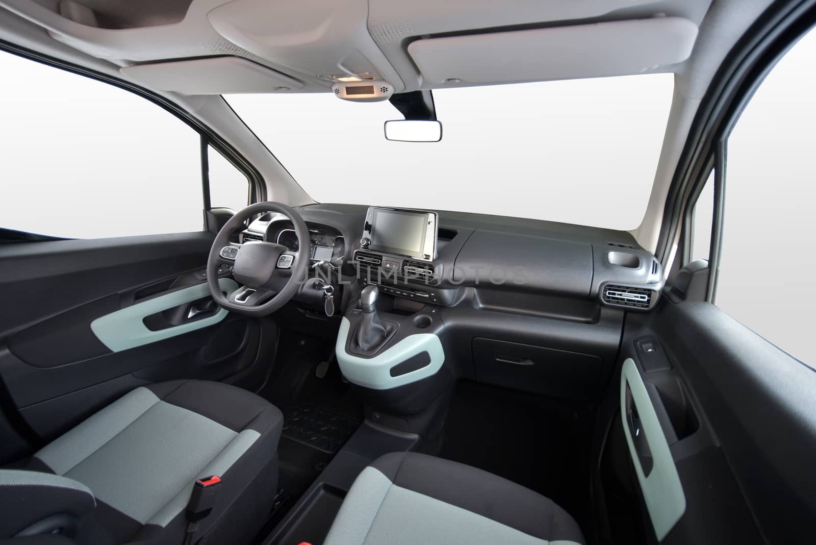 studio shot passenger car interior, front view