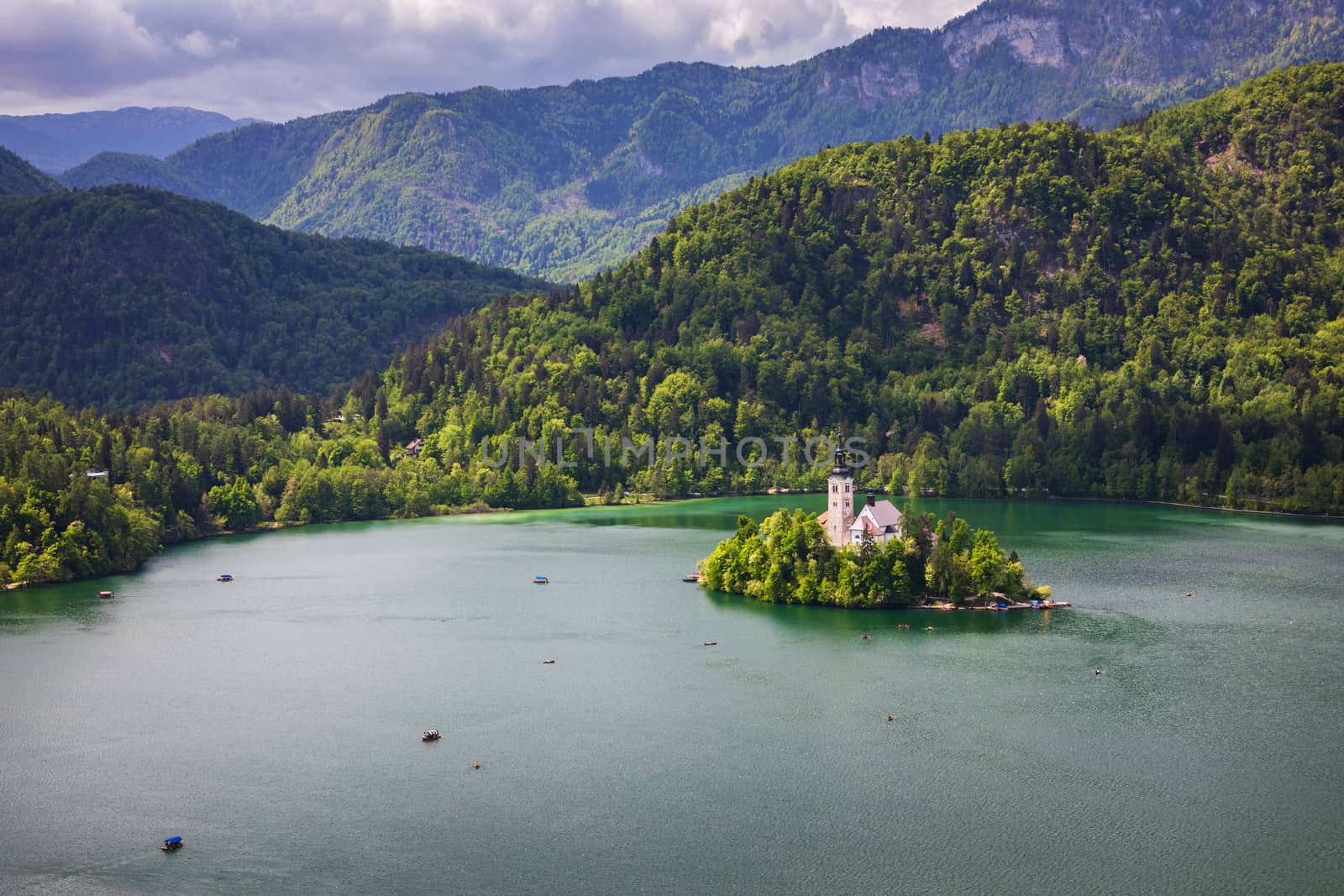 Lake Bled with St. Marys Church of Assumption on small island. Bled, Slovenia, Europe. The Church of the Assumption, Bled, Slovenia. The Lake Bled and Santa Maria Church near Bled, Slovenia.