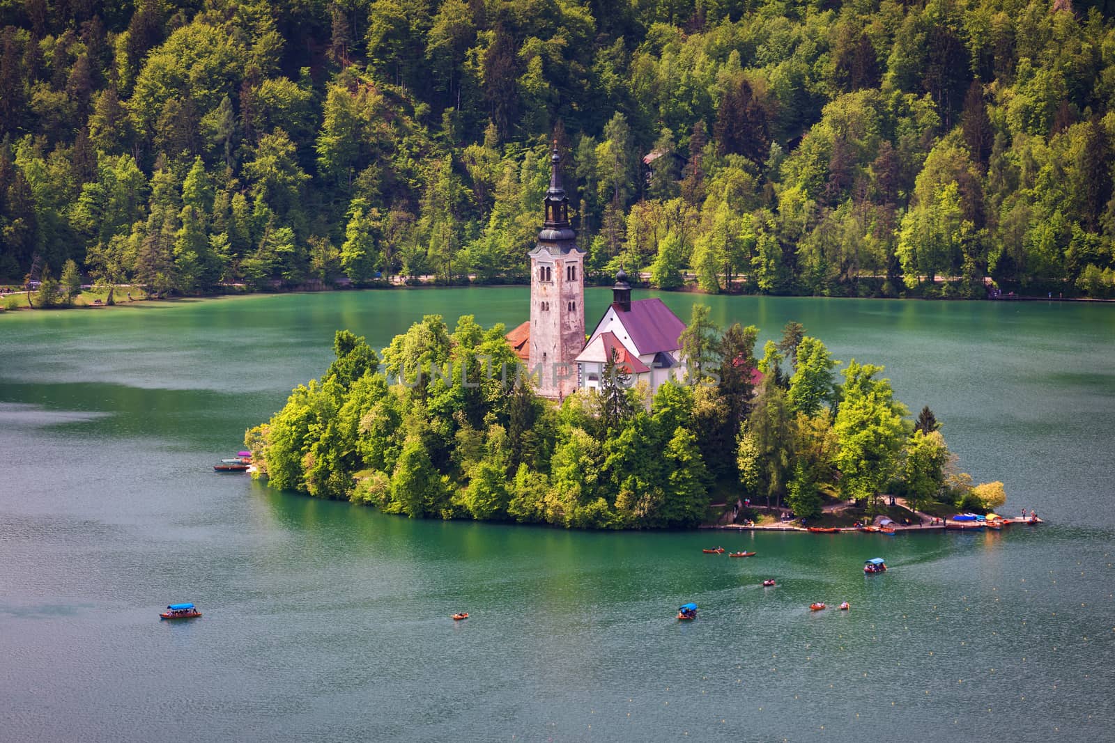 Lake Bled with St. Marys Church of Assumption on small island. Bled, Slovenia, Europe. The Church of the Assumption, Bled, Slovenia. The Lake Bled and Santa Maria Church near Bled, Slovenia.